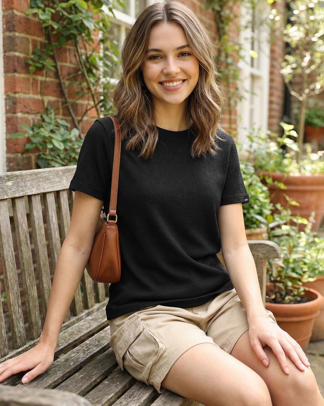 Women's Black Casual Regular Fit Textured Half Sleeves Tshirt