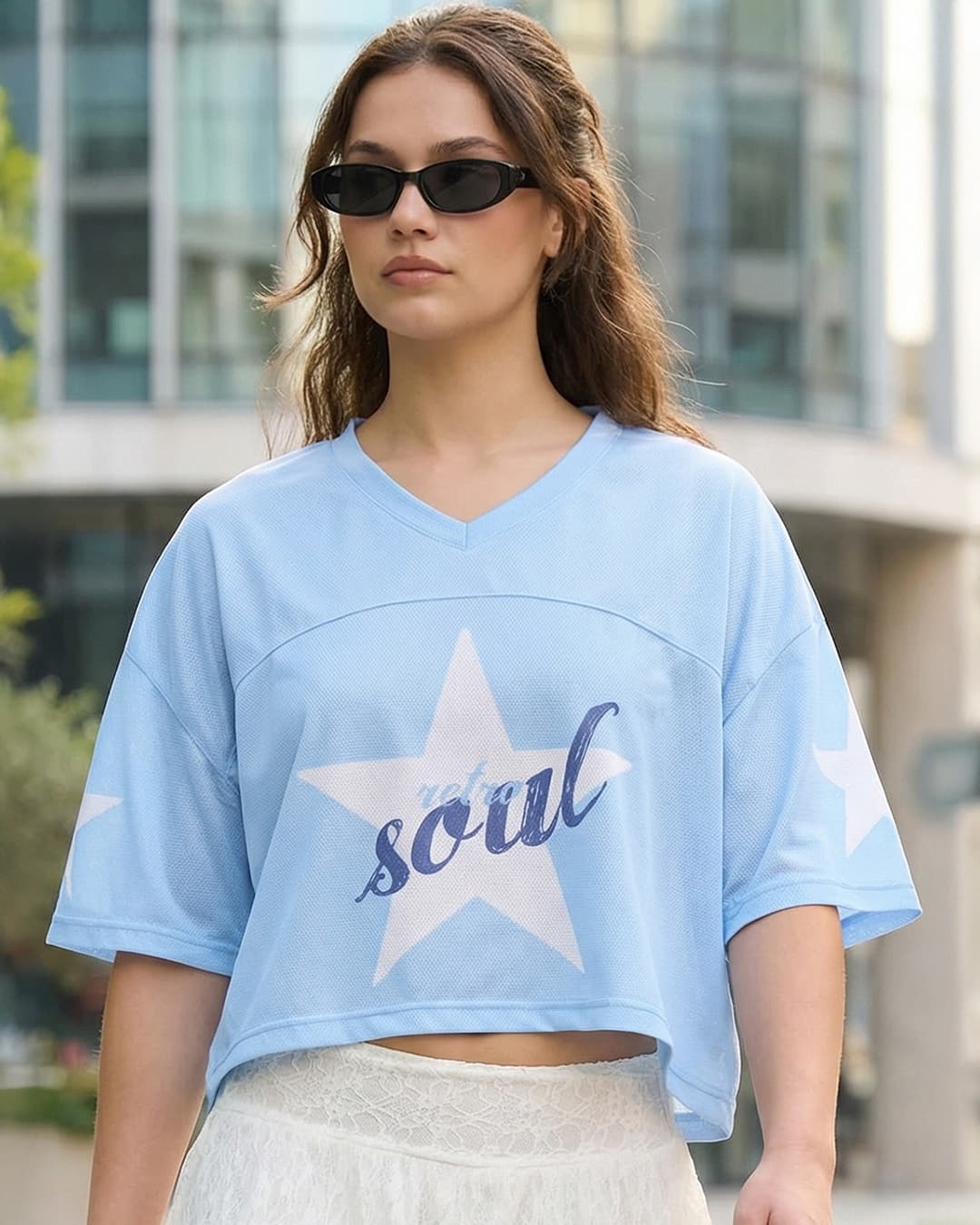 Women's Blue Casual Oversized Fit Graphic Half Sleeves Tshirt