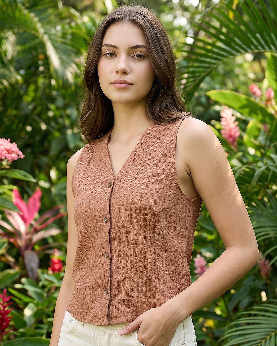 Women's Brown Casual Regular Fit Textured Sleeveless Top