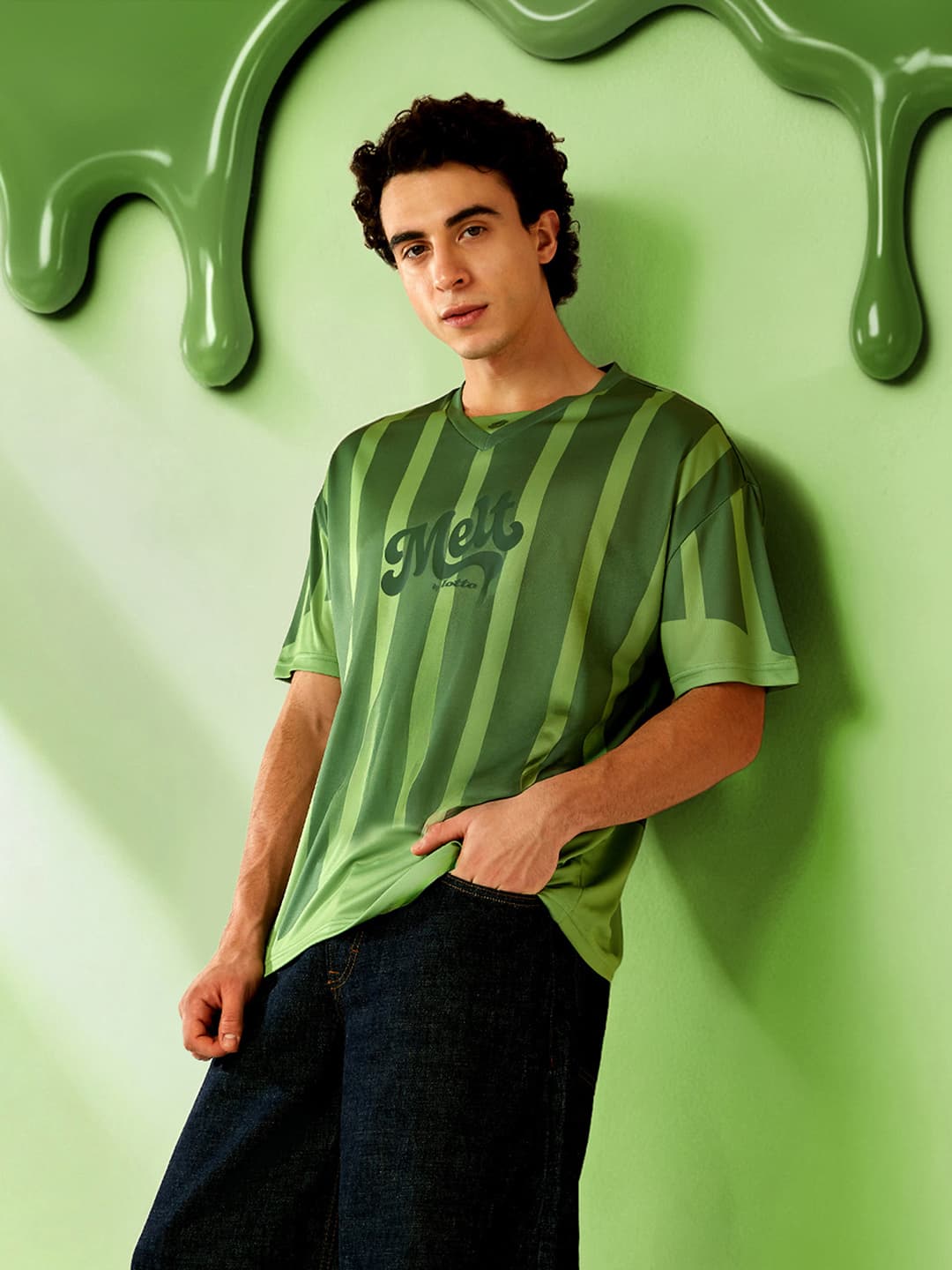 Men's Green Casual Oversized Fit Half Sleeves Baseball Jersey