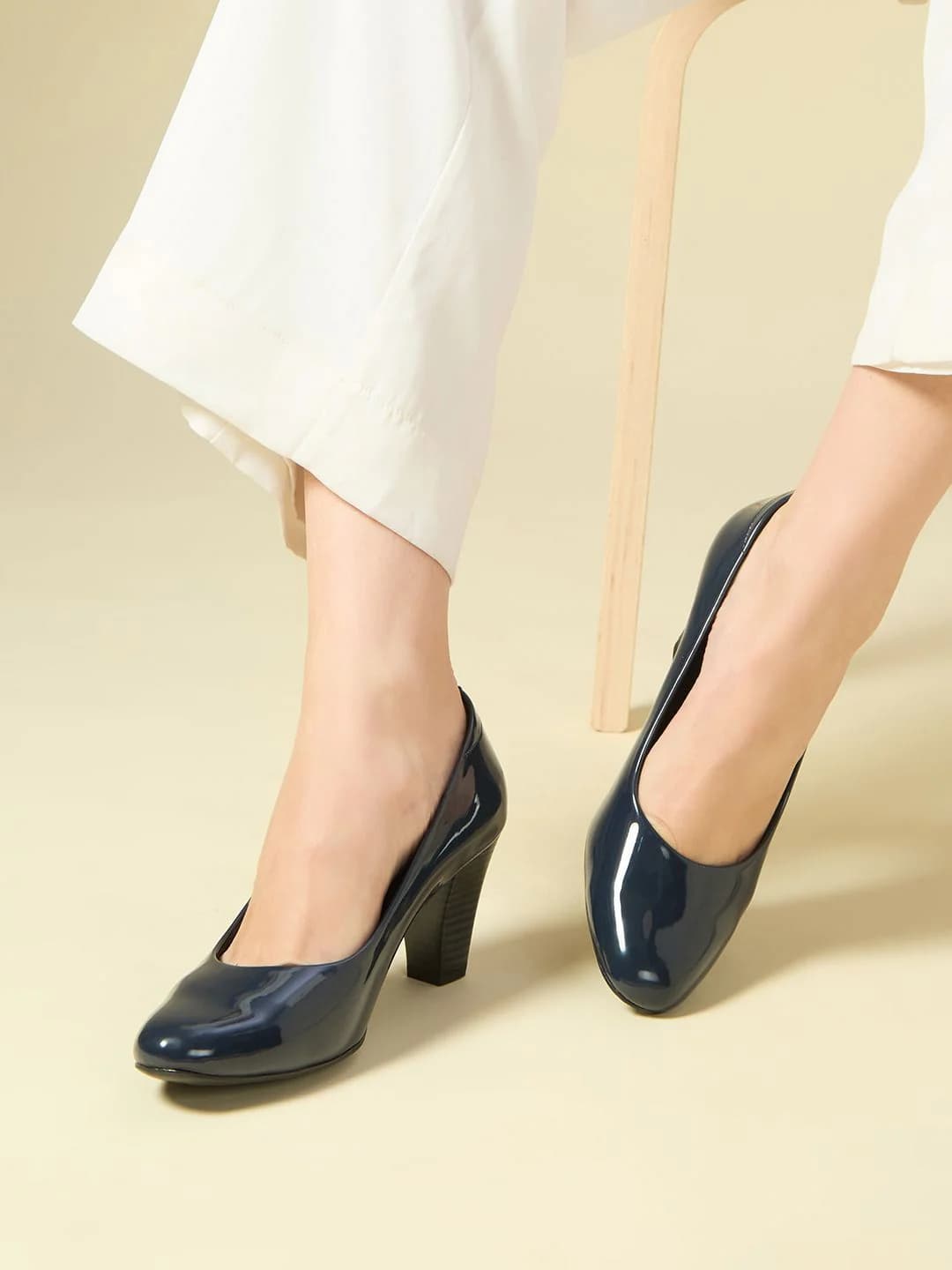 Women's Navy Casual Synthetic Stacked Heel Pump Shoes