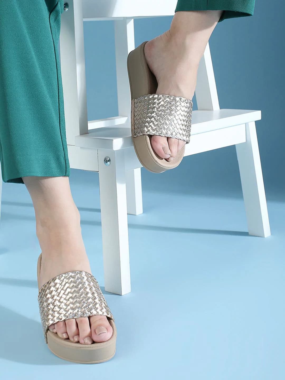 Women's Rose Gold Casual Synthetic Stacked Heel Mules Sandals