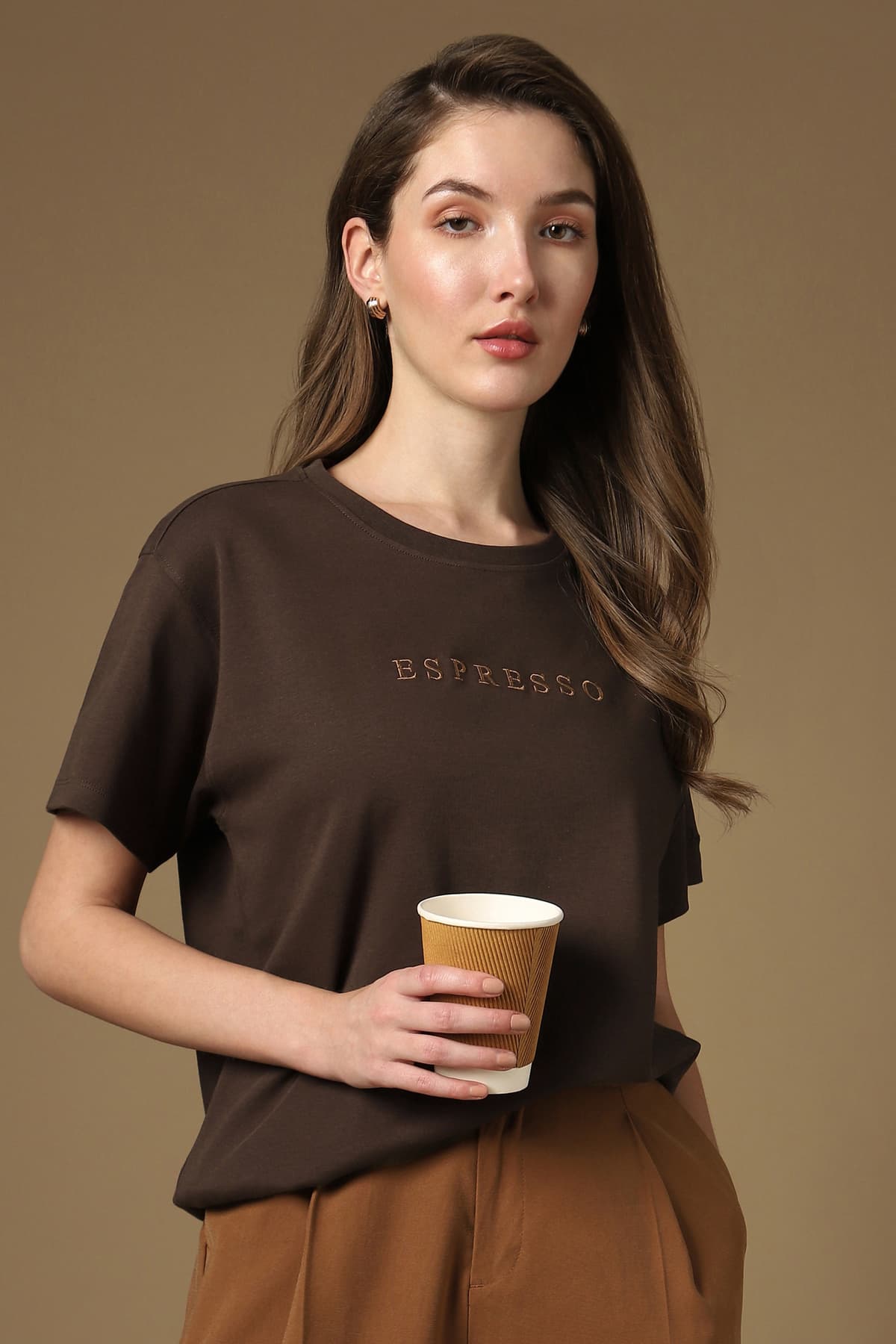 Women's Brown Casual Regular Fit Solid Half Sleeves Tshirt