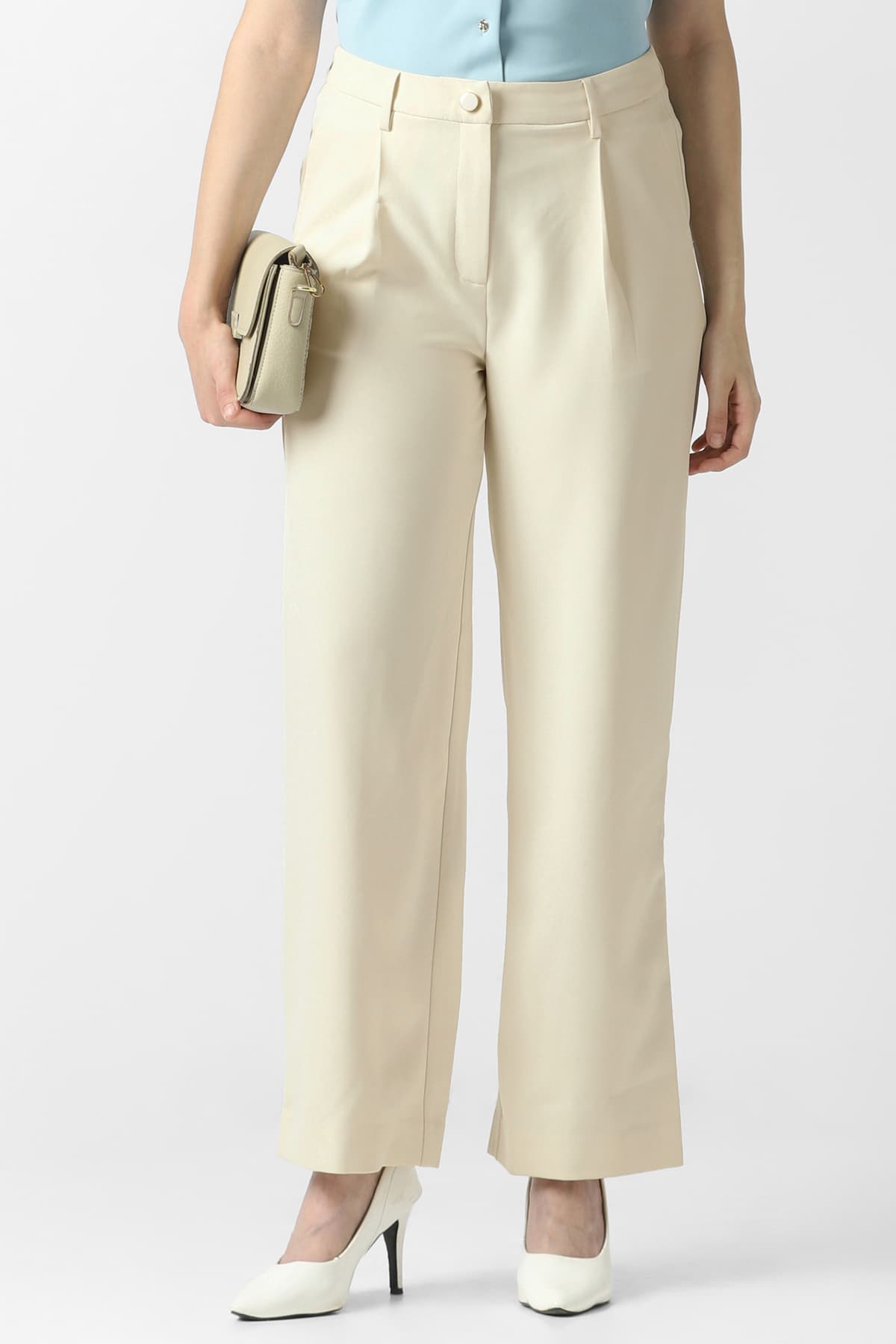 Women's Beige Casual Wide Leg Trouser