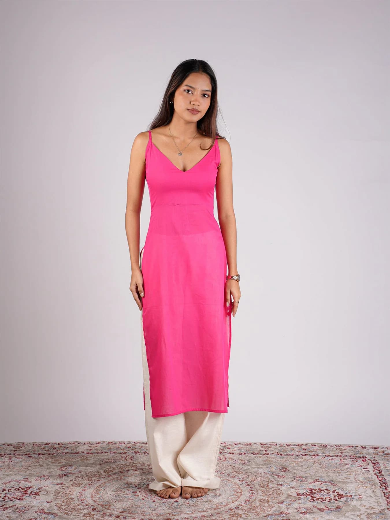 Women's Pink Casual Slim Fit Sleeveless Kurta