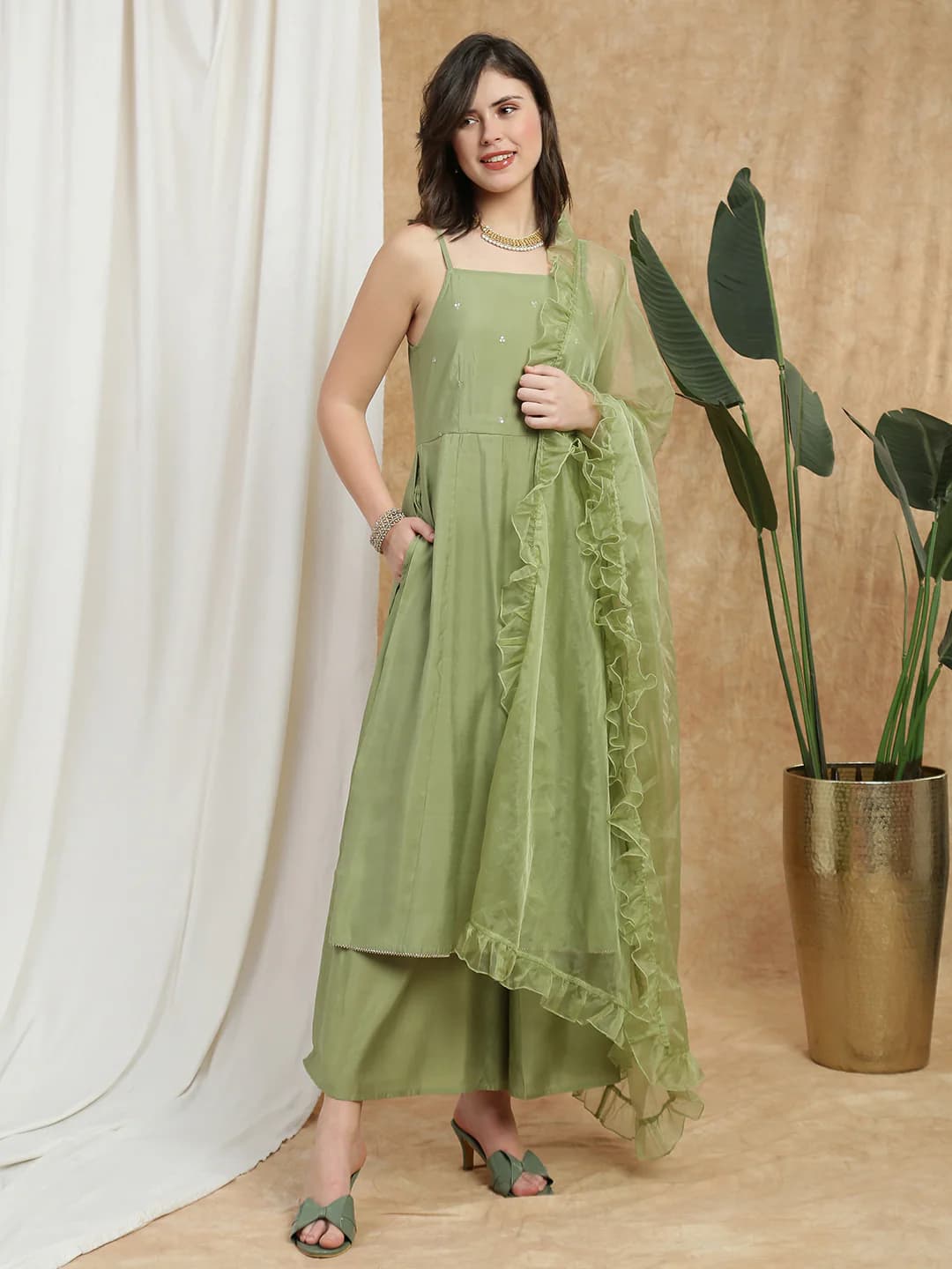 Women's Green Casual Sequin Detail Gotta Lace A-Line Kurta With Palazzos & Frill Dupatta Festive Set