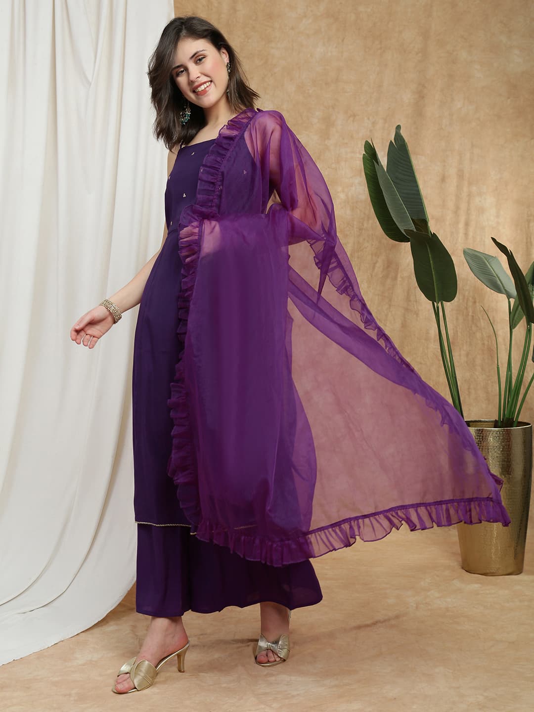 Women's Purple Casual Square Neck Sequin Detail A-Line Kurta With Palazzos & Frill Dupatta Festive Set