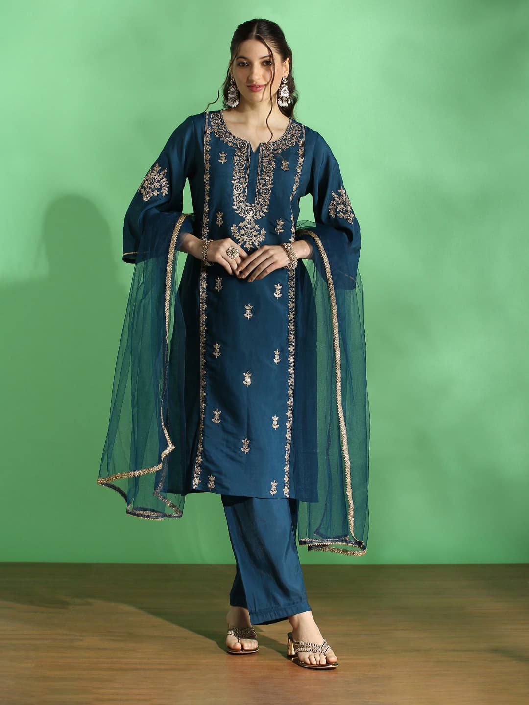 Women's Blue Casual Embroidered Yoke Zari Work Straight Kurta With Pant & Dupatta Festive Set