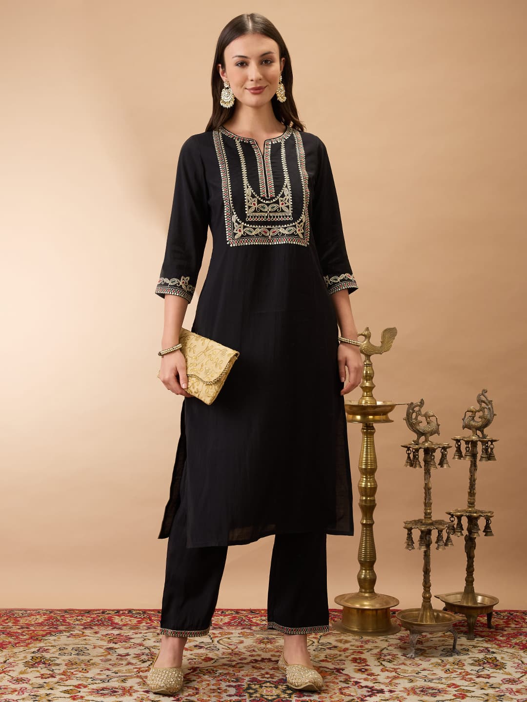 Women's Black Casual Zari Embroidered Yoke Straight Kurta With Pant Festive Set