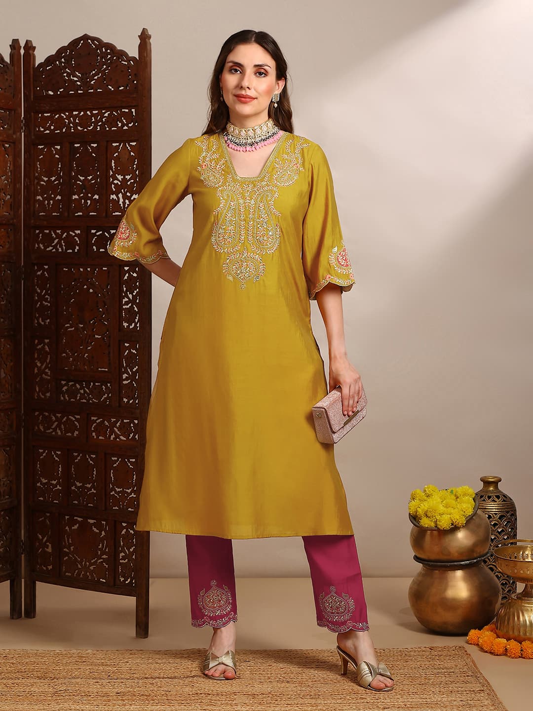 Women's Yellow Zari Embroidered Yoke V-Neck Scalloped Straight Kurta With Pants Festive Set