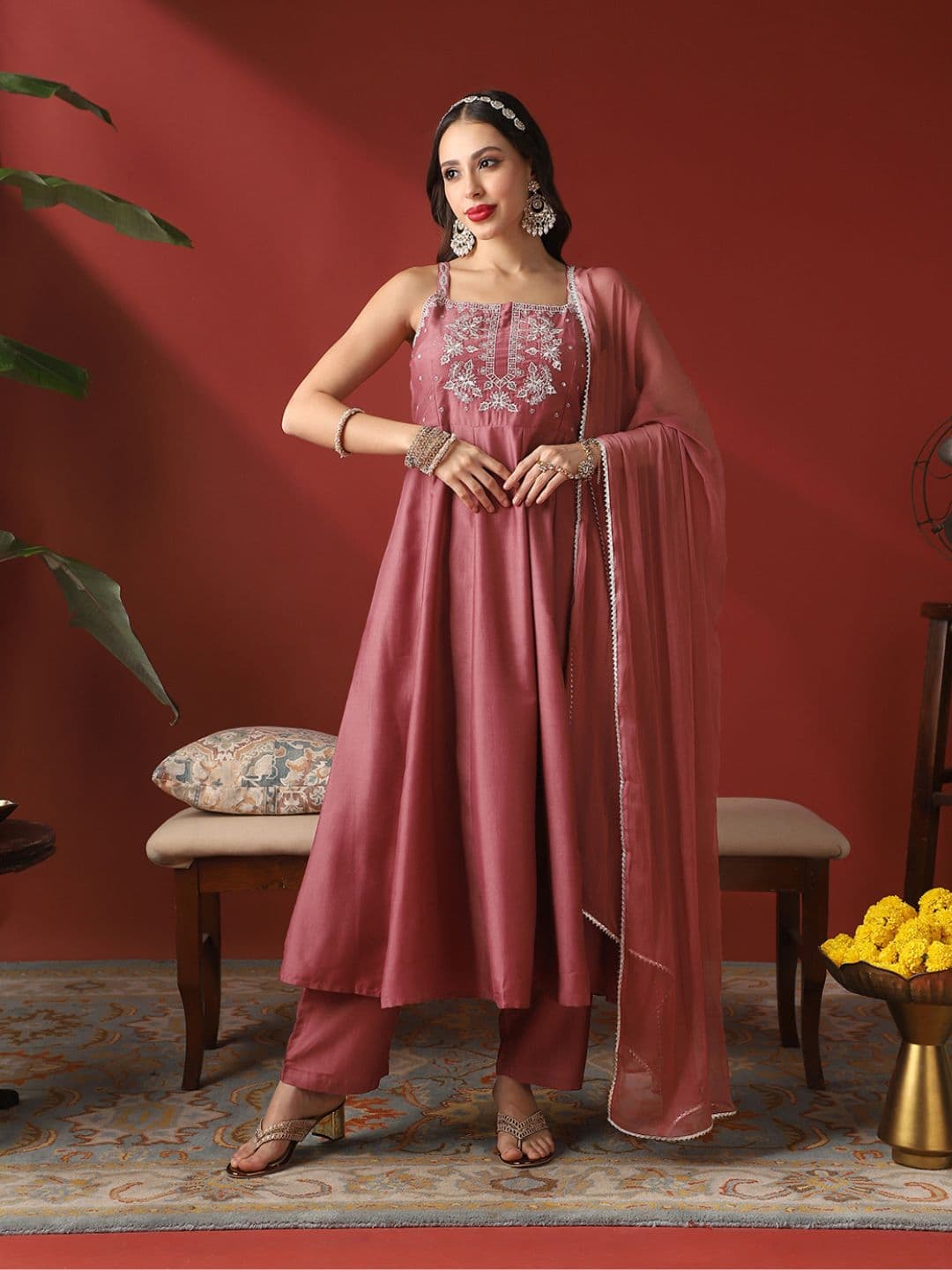 Women's Pink Casual Emboridered Yoke Strappy Sleeves Anarkali Kurta With Pant & Dupatta Festive Set