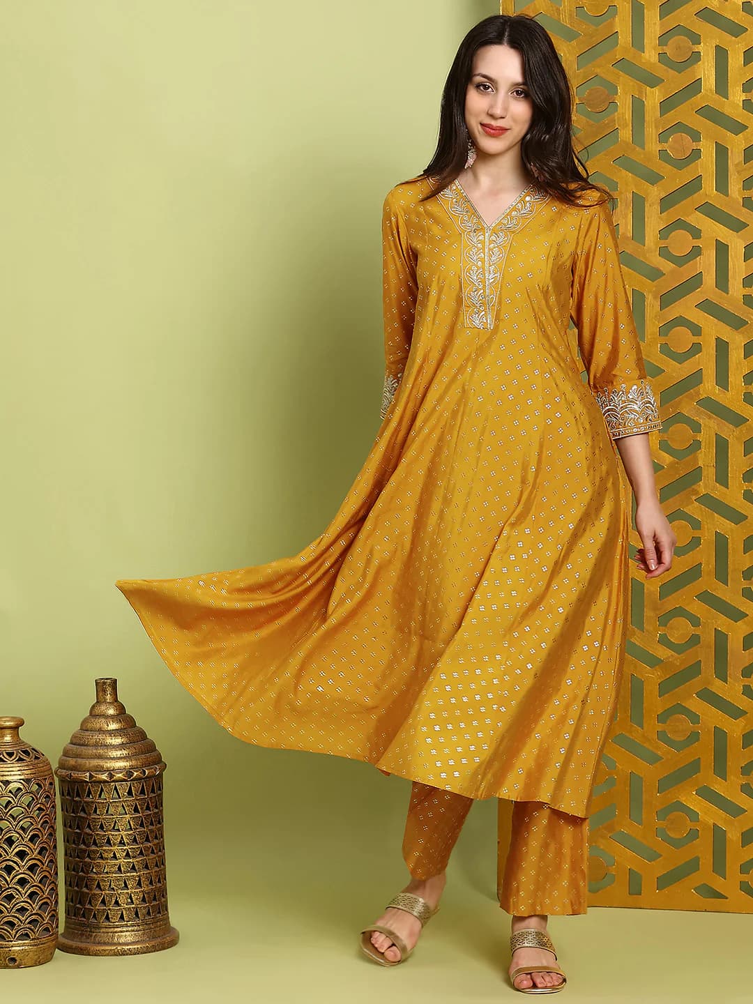 Women's Yellow Zari Embroidered V-Neck Gold Foil Print Panelled Anarkali Kurta & Wide Leg Pants Festive Set