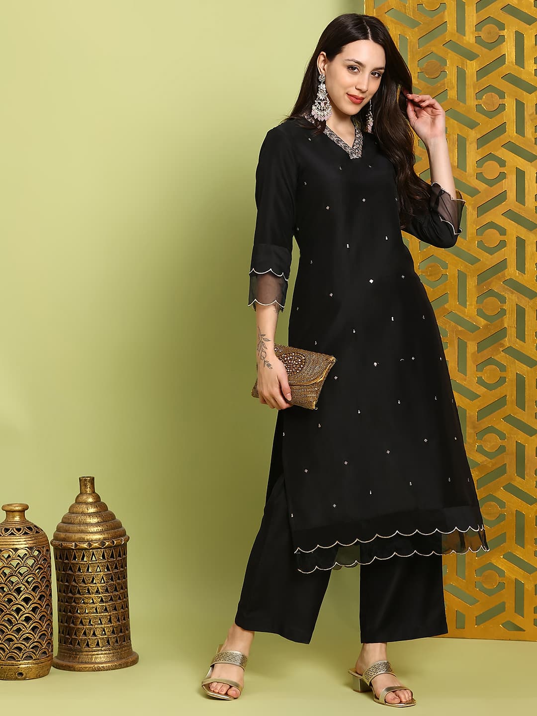 Women's Black Sequin Embroidered V-Neck Scalloped Straight Kurta With Wide Leg Pants Festive Set