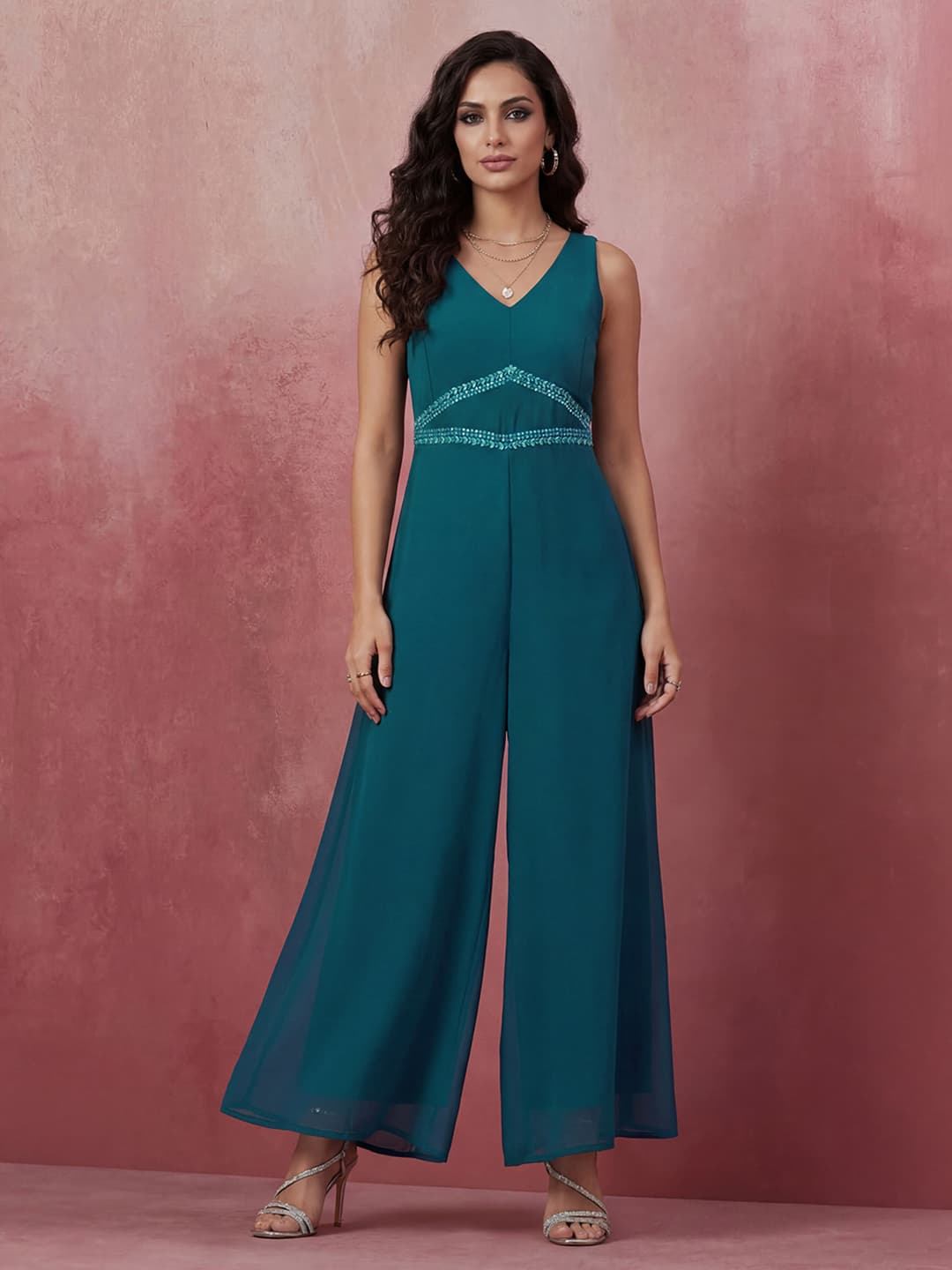 Women's Teal Green V-Neck Sleeveless Embroidered Detail Georgette Flared Festive Jumpsuit