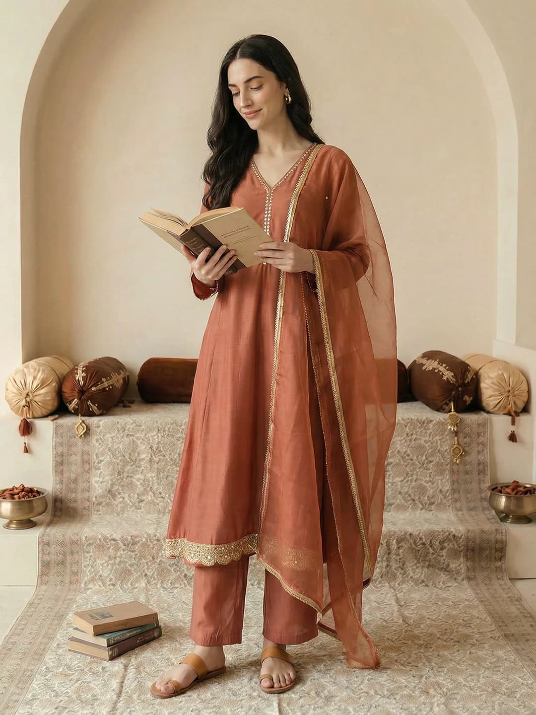 Women's Pink Casual V-Neck Embellished Kurta Set