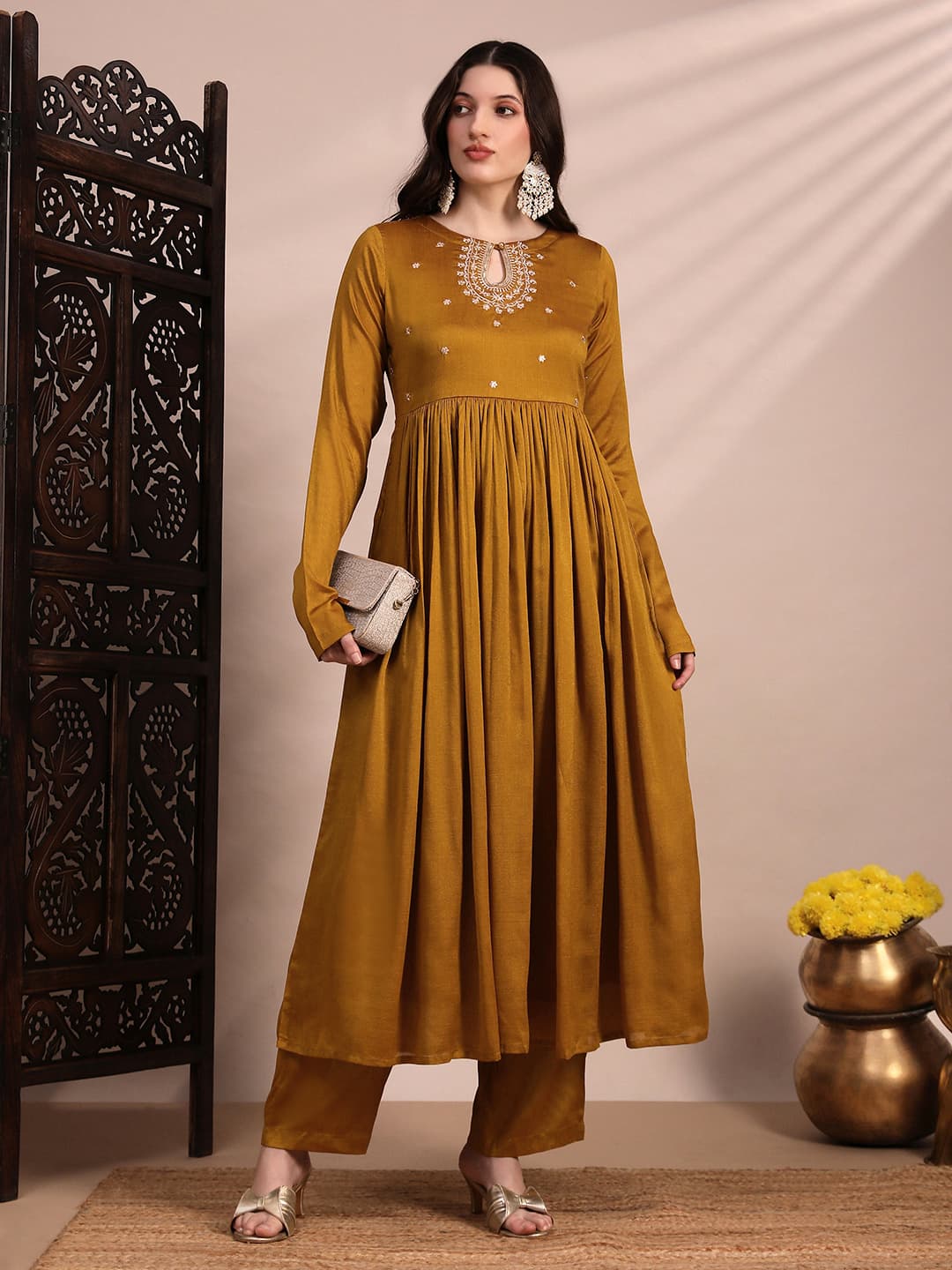 Women's Yellow Sequin Embroidered Yoke Anarkali Kurta With Wide Leg Pants Festive Set