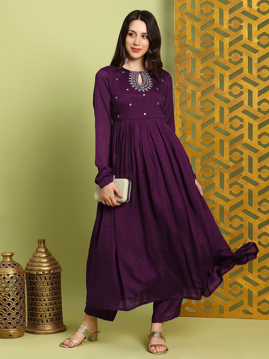 Women's Purple Sequin Embroidered Anarkali Kurta With Wide Leg Pants Festive Set