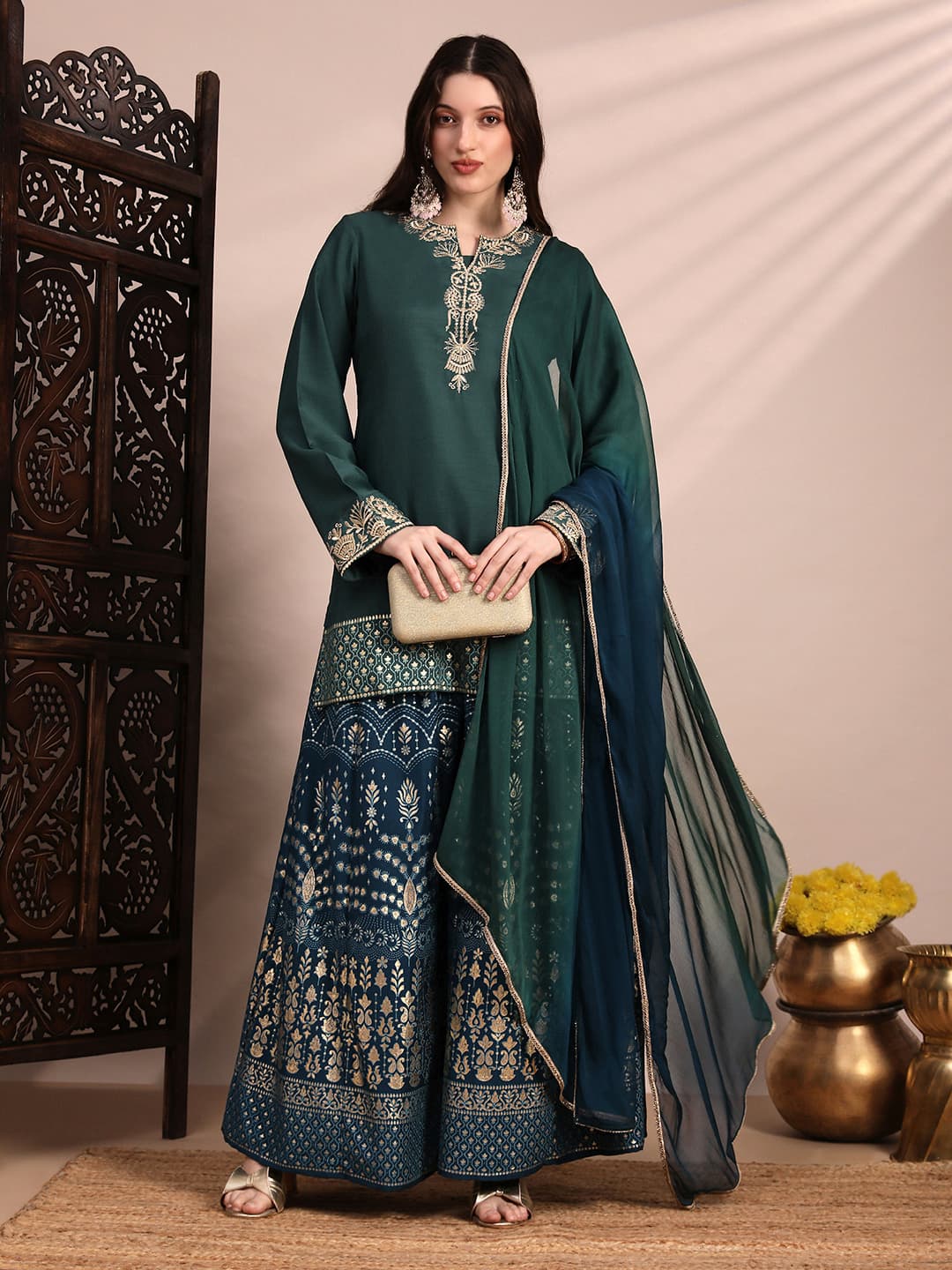 Women's Green Zari Embroidered Yoke Short Kurta With Allover Foil Printed Sharara & Ombre Dupatta Festive Set