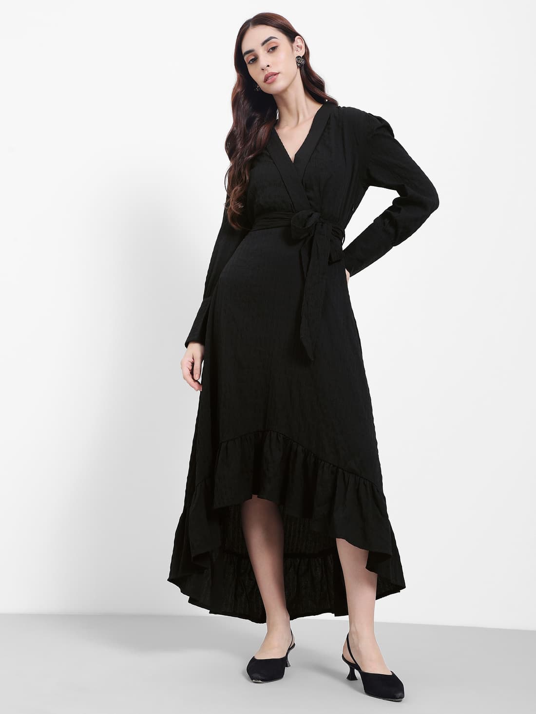 Women's Black Casual Self-Design A-Line Shawl Lapel Midi Dress