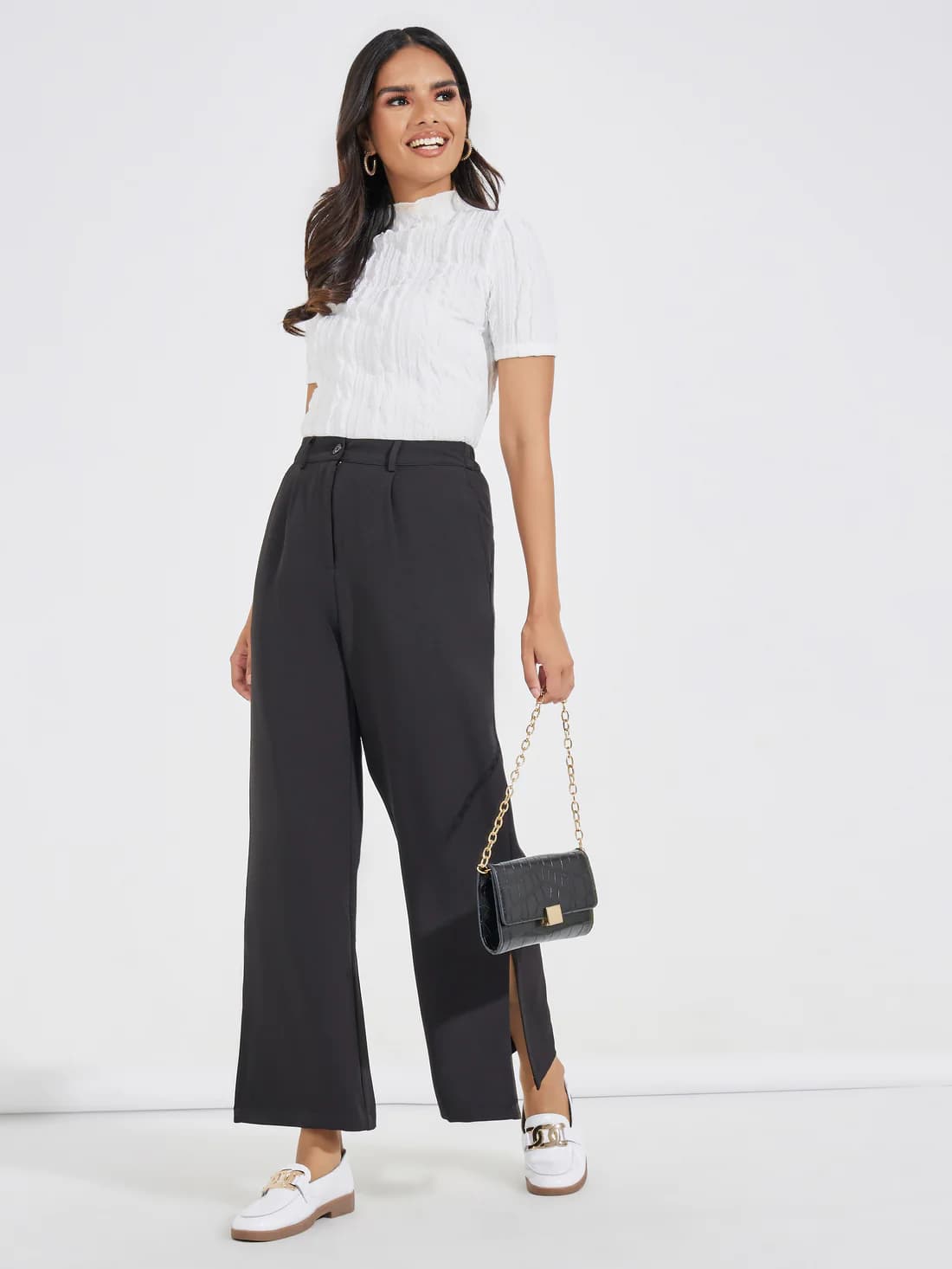 Women's Black Casual Solid High Rise Wide Legs Pants With Side Slit