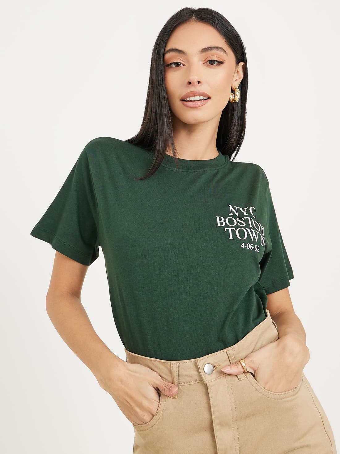 Women's Green Casual Printed Regular Fit Tshirt