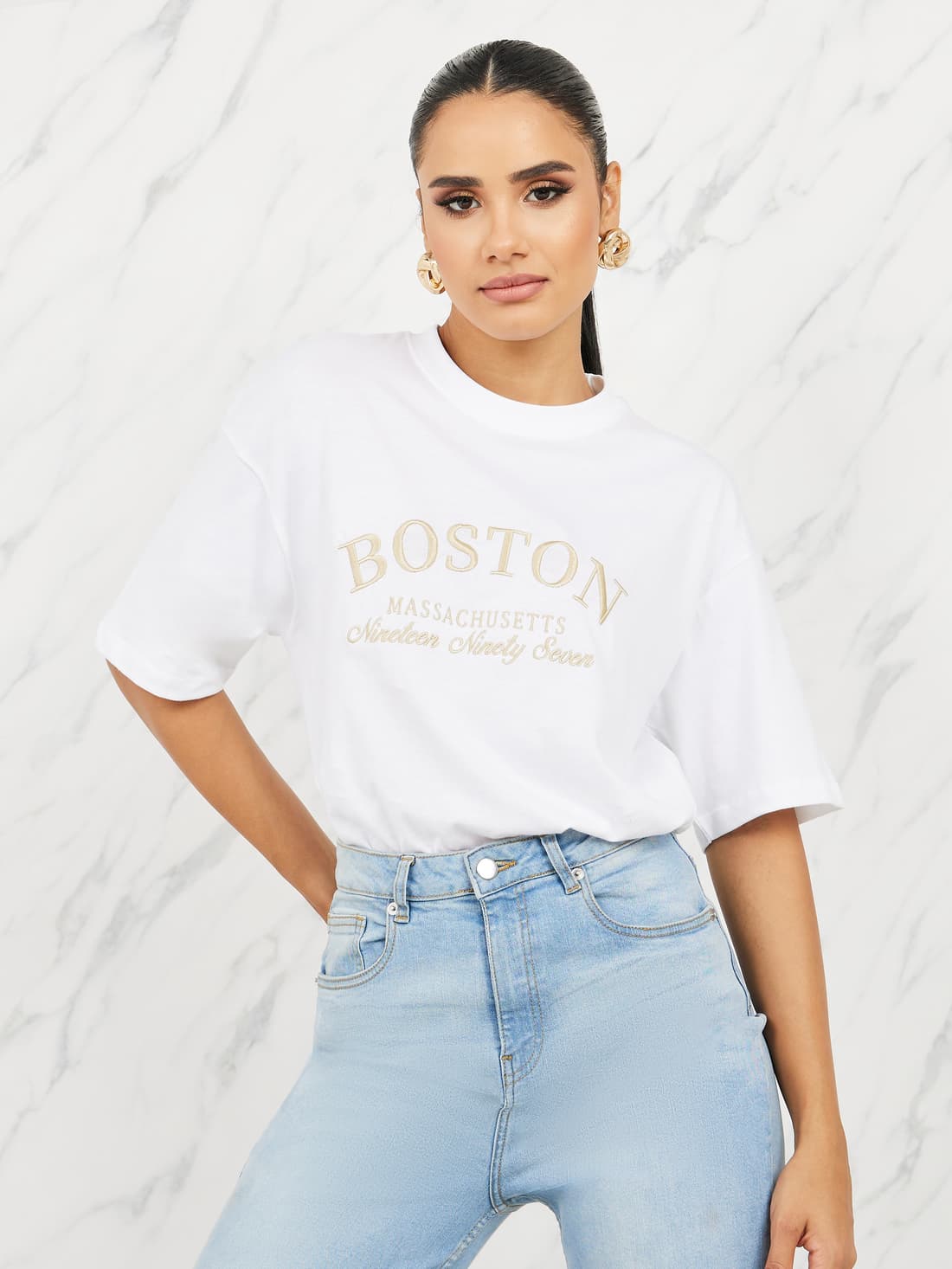 Women's White Casual Oversized Fit Embroidered Tshirt