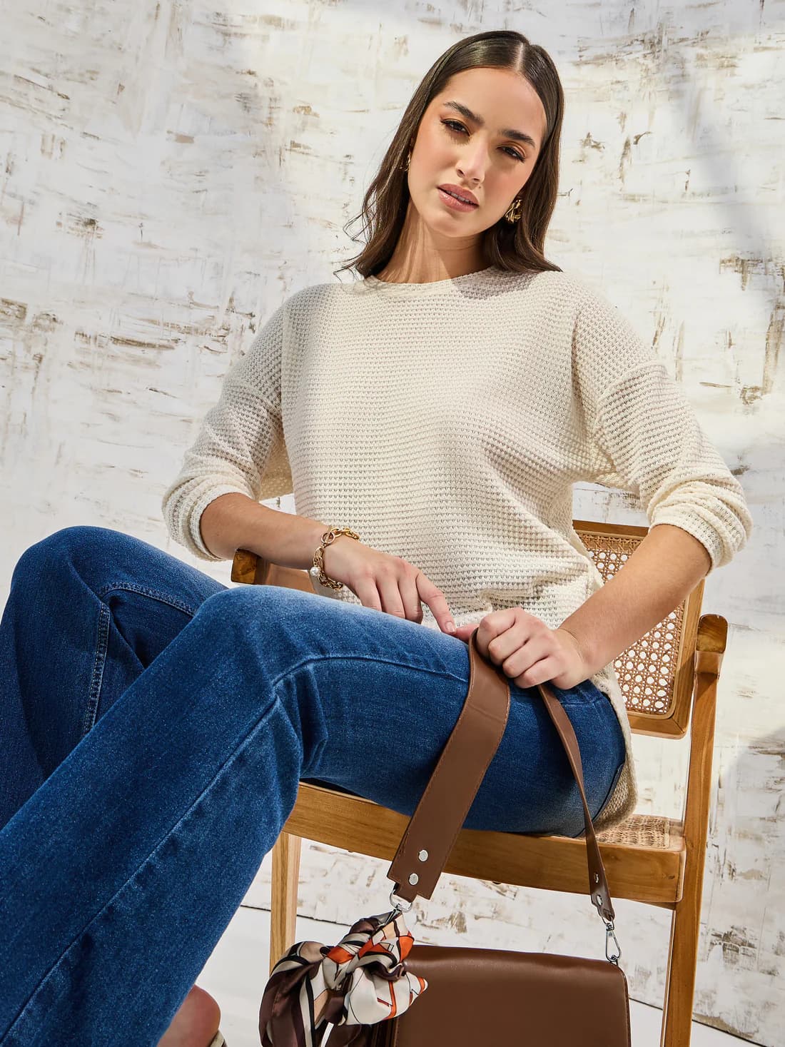 Women's Cream Casual Self-Design Oversized Fit Tshirt