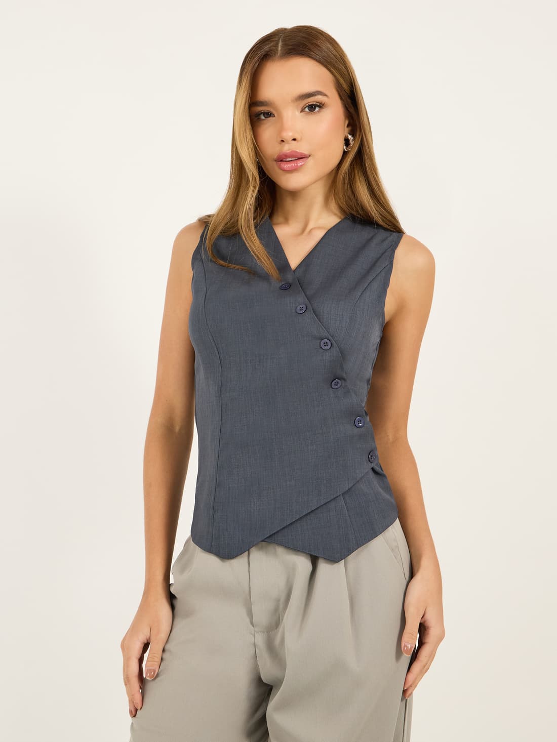 Women's Blue Casual Solid V-Neck Waistcoat