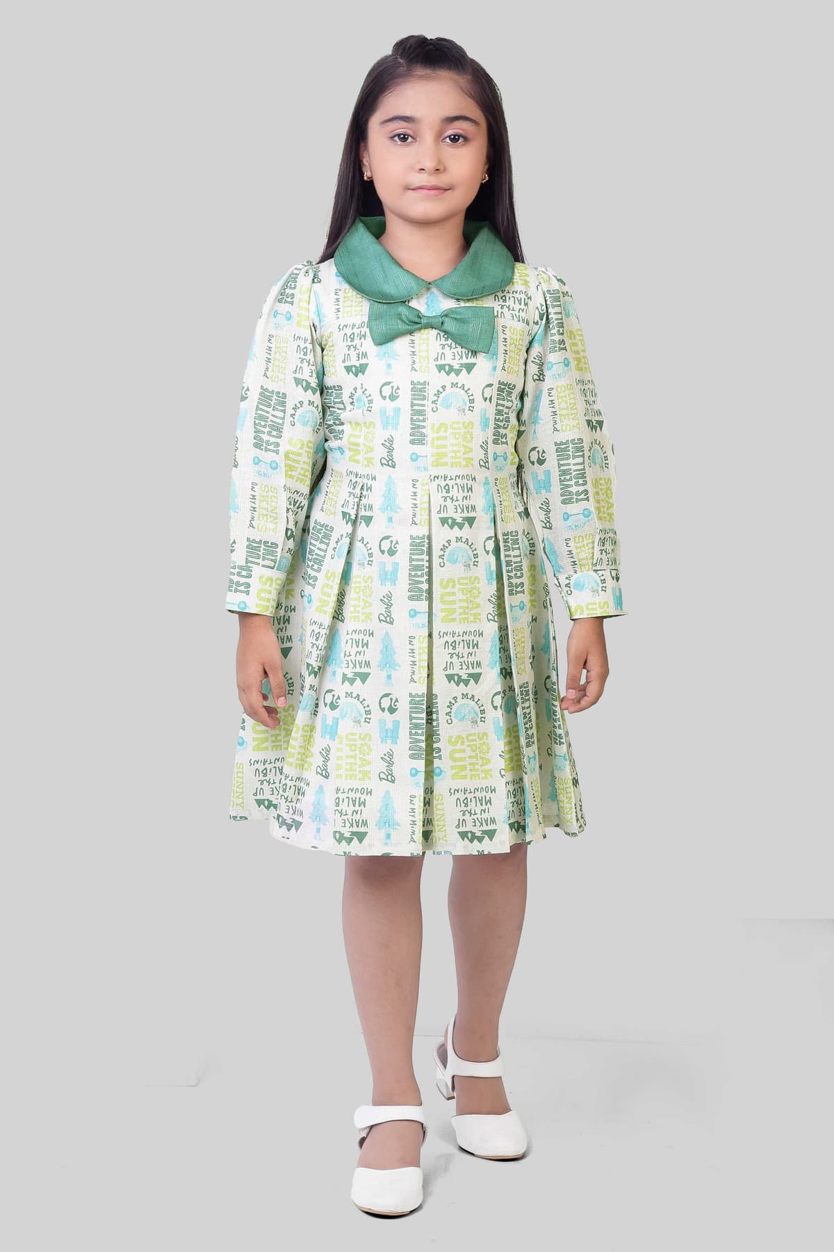 Girls Off White Casual Full Sleeves Pleated Dress