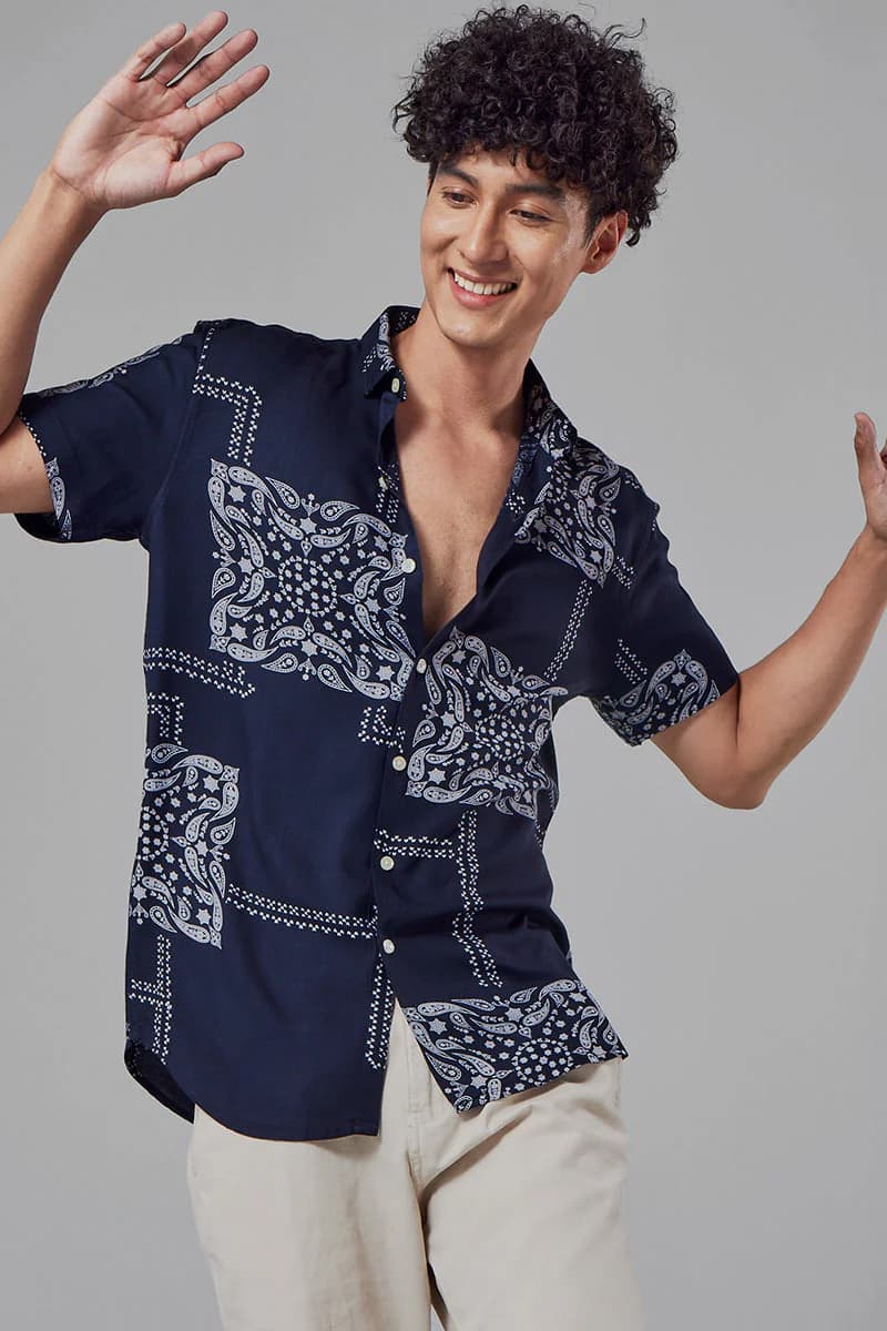 Men's Navy Party Slim Fit Half Sleeves Shirt