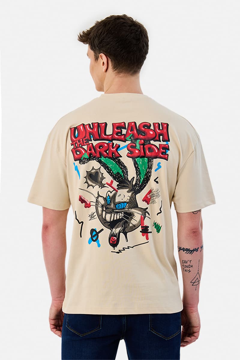 Men's Beige Casual Oversized Fit Half Sleeves Tshirt