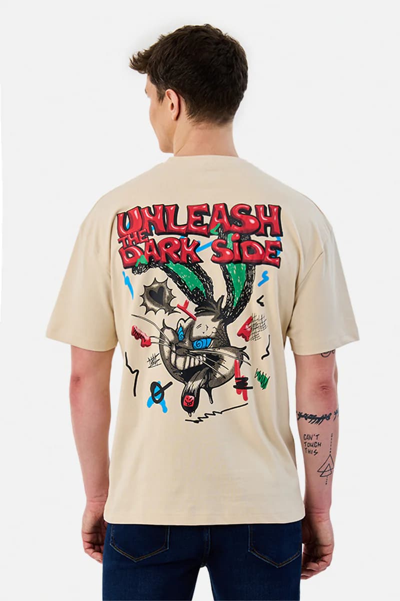 Men's Beige Casual Oversized Fit Half Sleeves Tshirt
