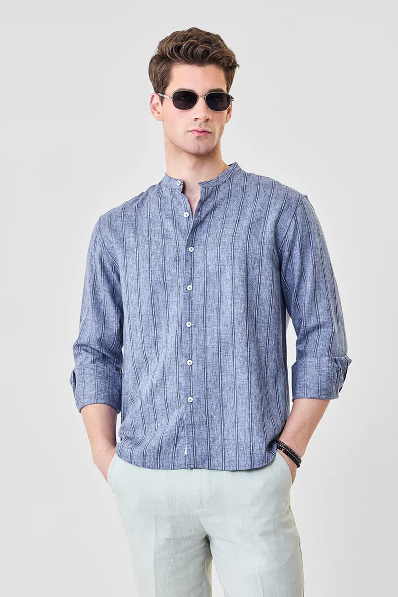 Men's Blue Casual Regular Fit Full Sleeves Linen Shirt