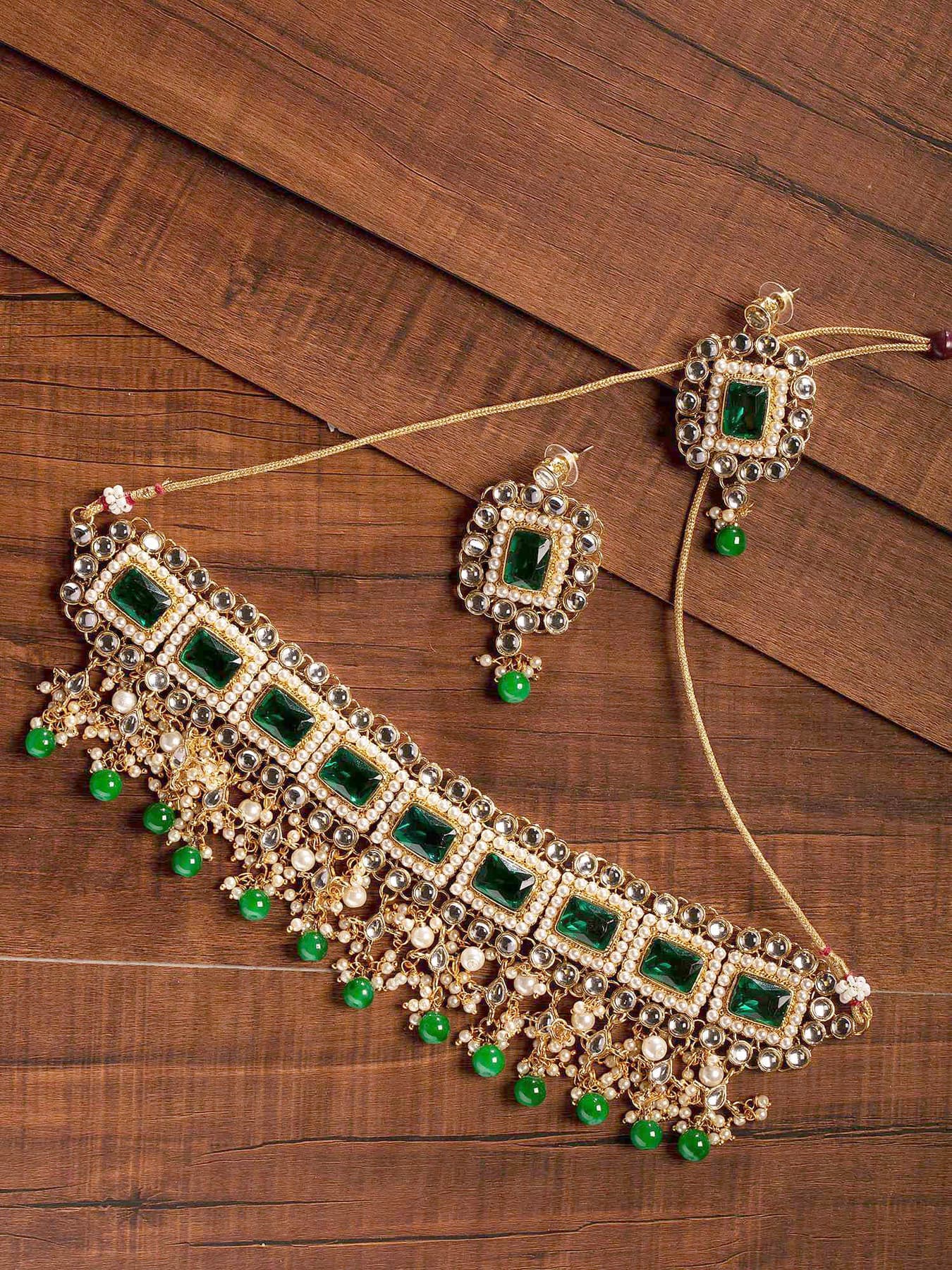 Women's Alluring Green Stones and Beads Choker Necklace Earring and Maangtikka Set