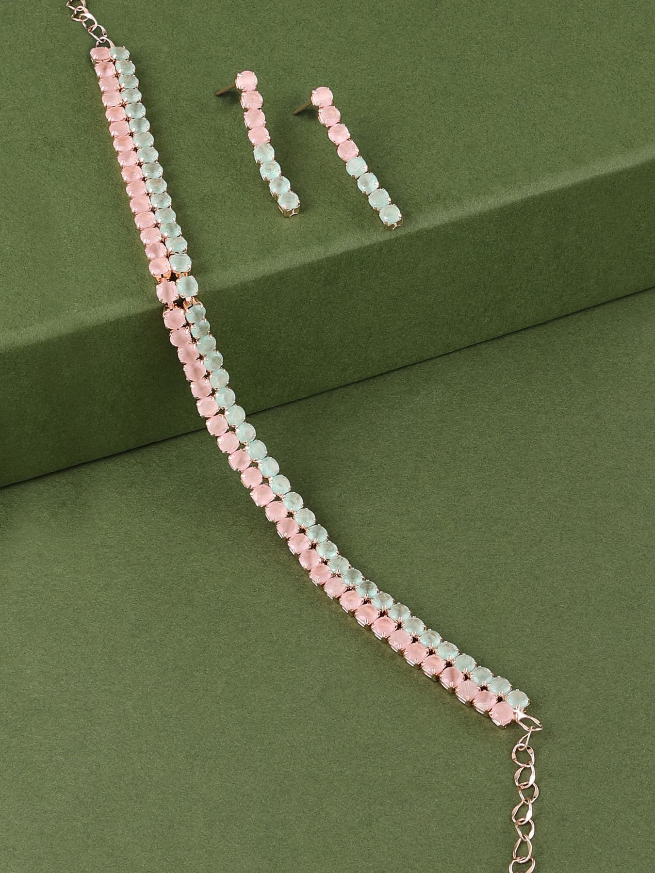 Women's Green and Pink Dazzling Cubic Zirconia Party Bling Necklace and Earring Set