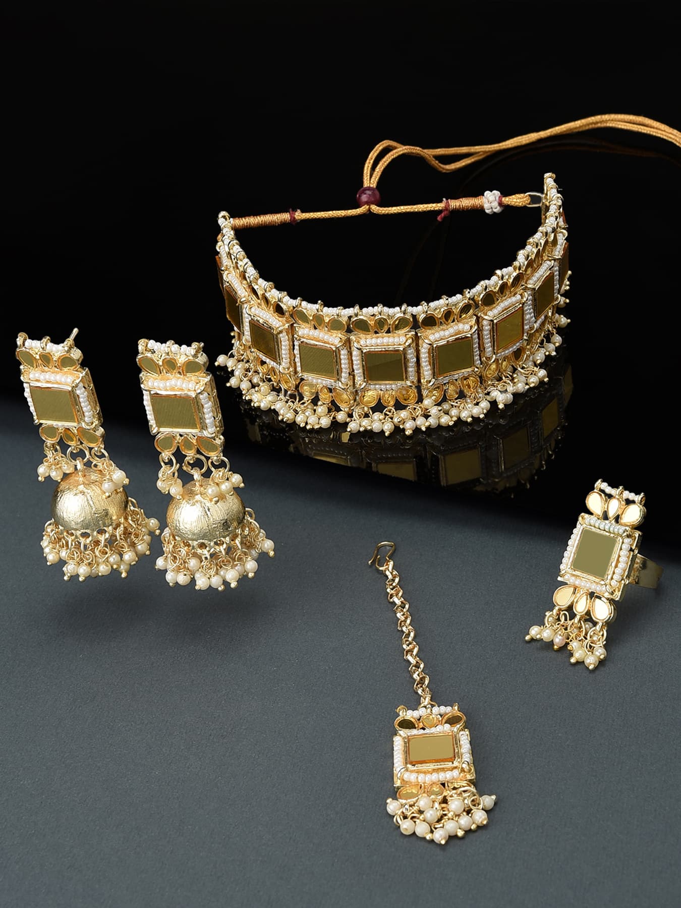 Women's Gold Tone Mirror Choker Necklace Earring Maangtikka and Ring Set