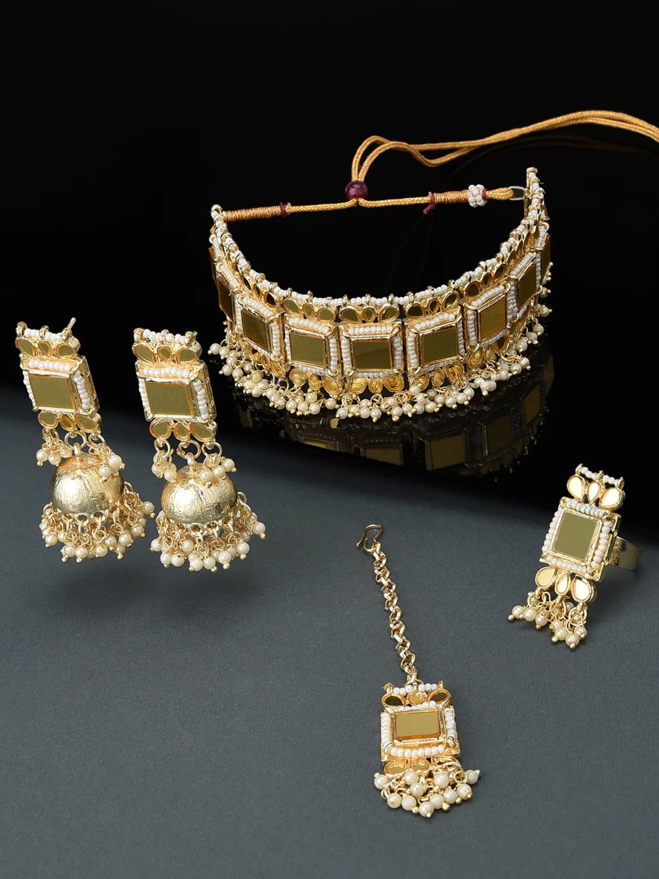 Women's Gold Tone Mirror Choker Necklace Earring Maangtikka and Ring Set