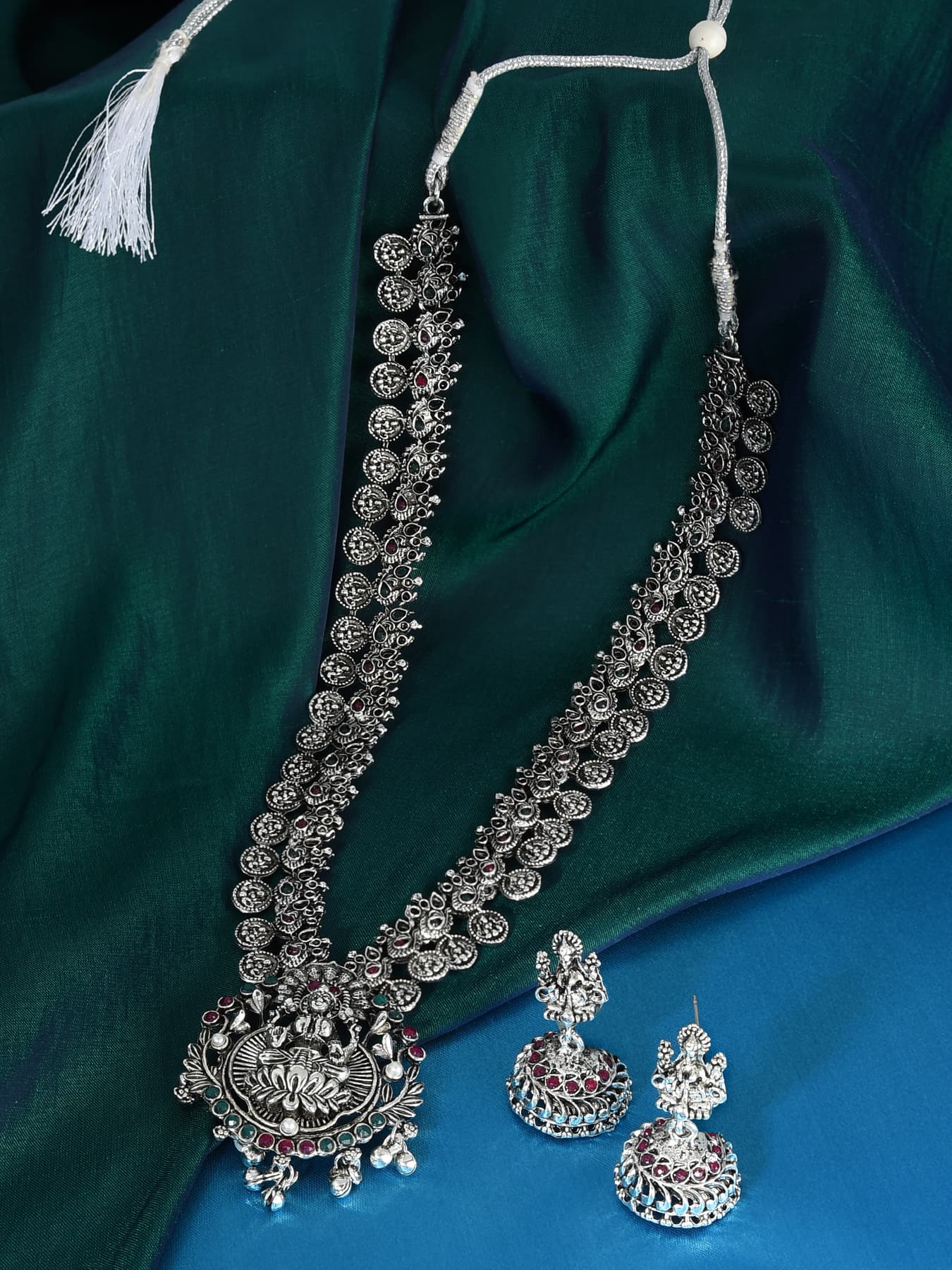 Women's Antique Silver Tone Goddess Laxmi Long Temple Necklace and Earring Set