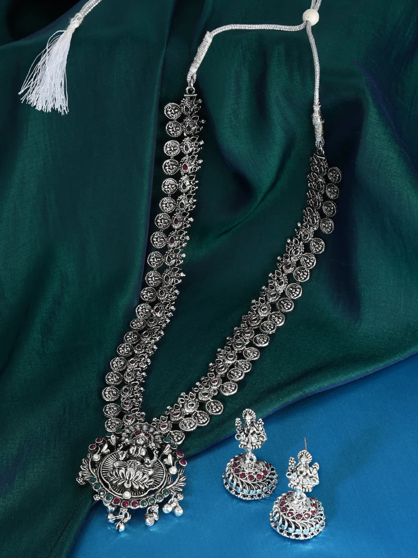 Women's Antique Silver Tone Goddess Laxmi Long Temple Necklace and Earring Set