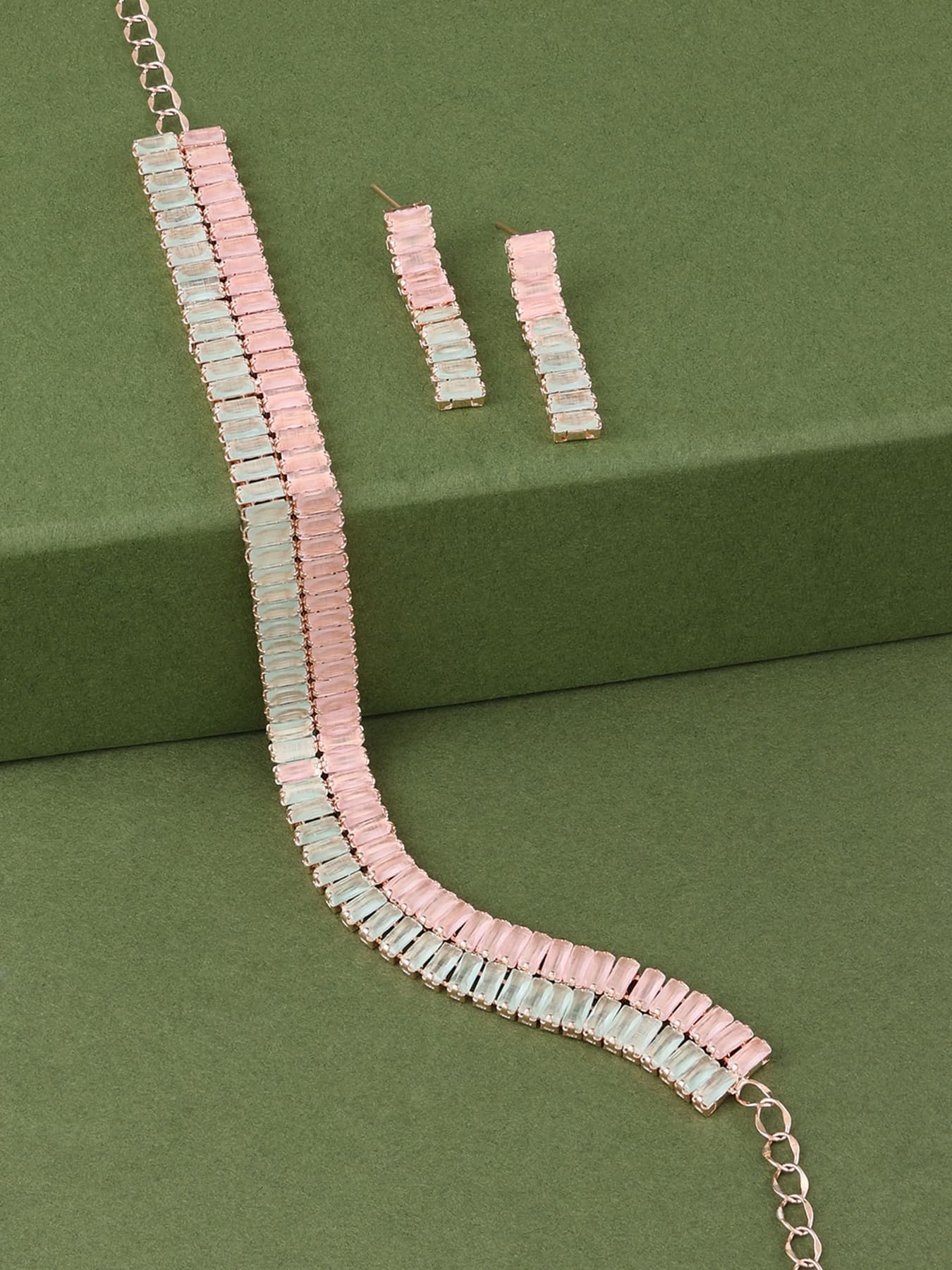 Women's Green and Pink Dazzling Baguette Cubic Zirconia Party Bling Necklace and Earring Set