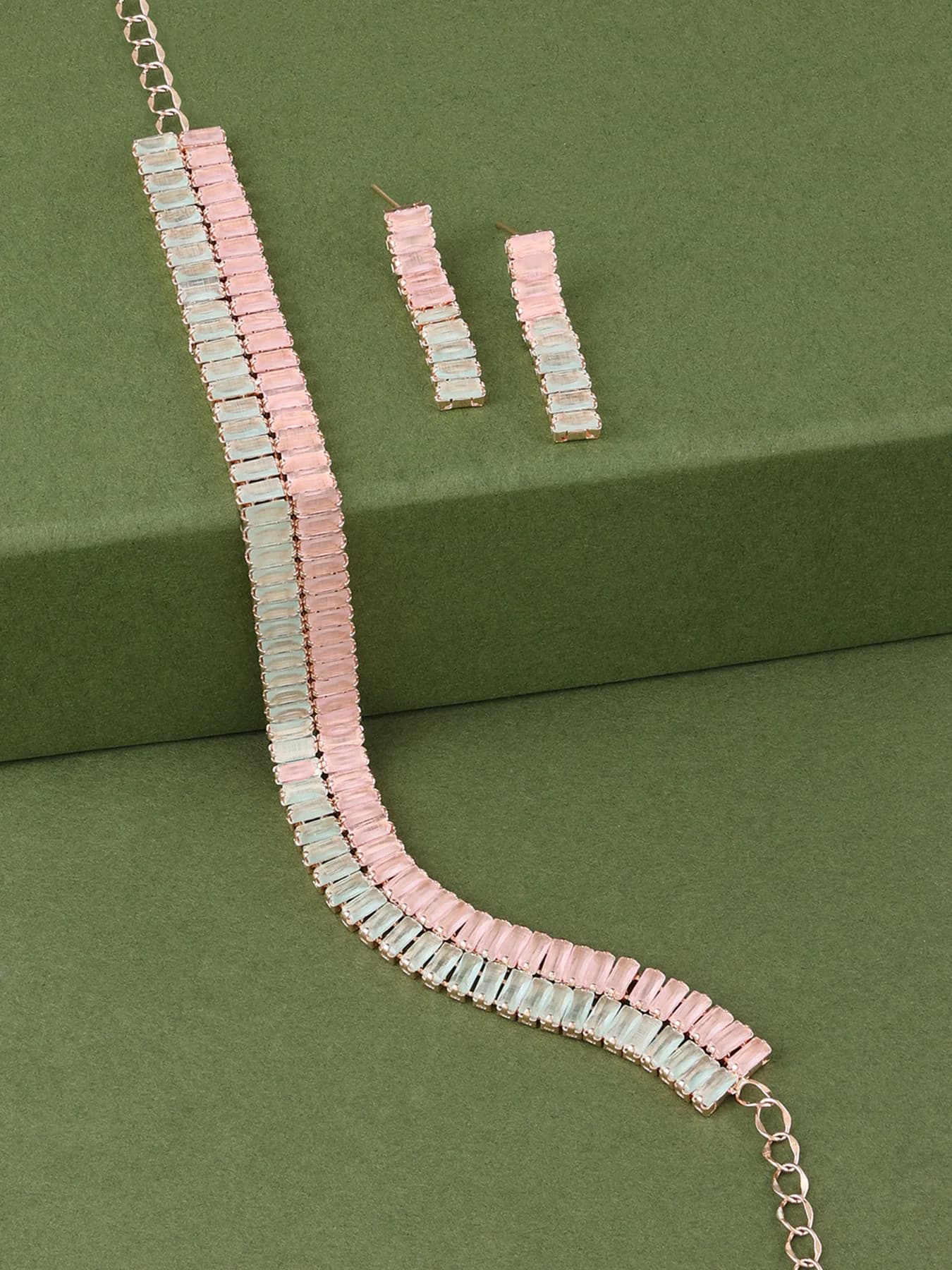 Women's Green and Pink Dazzling Baguette Cubic Zirconia Party Bling Necklace and Earring Set
