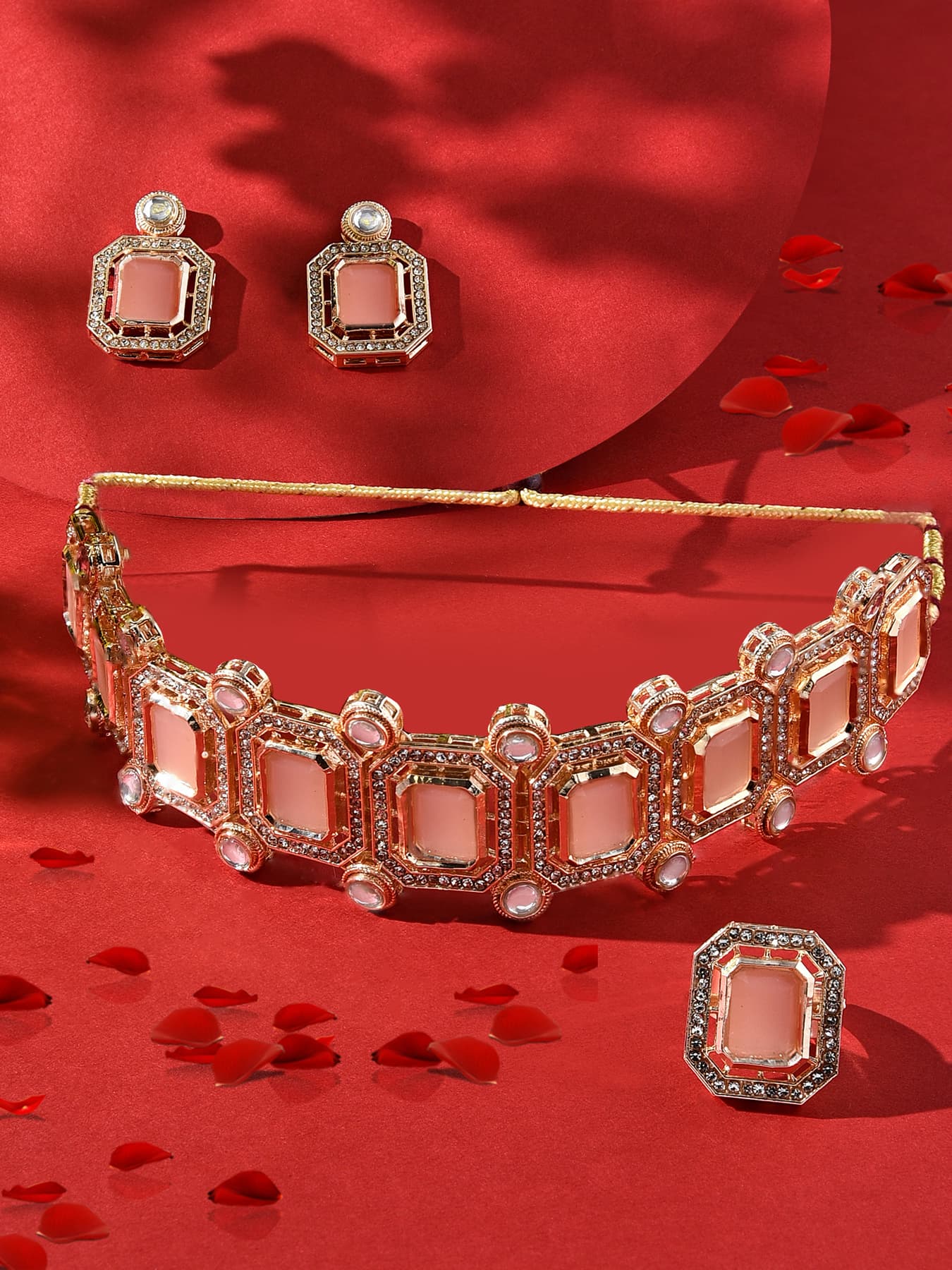 Women's Peach Stones Dazzling Austrian Diamonds Kundan Choker Necklace Earring and Ring Set