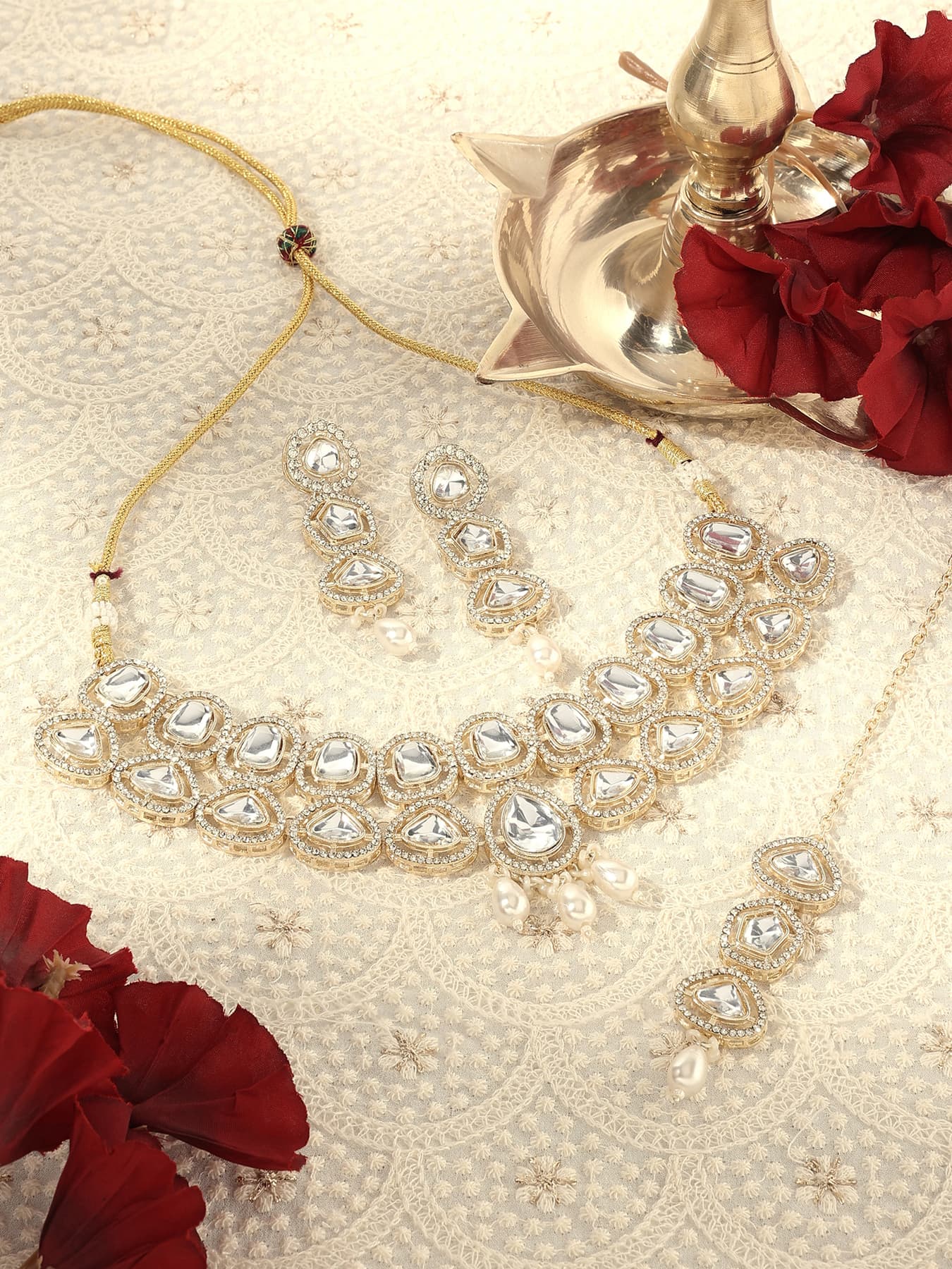 Women's Gold Tone Austrian Diamonds Artificial Stones and Beads Necklace Earring and Maangtikka Set