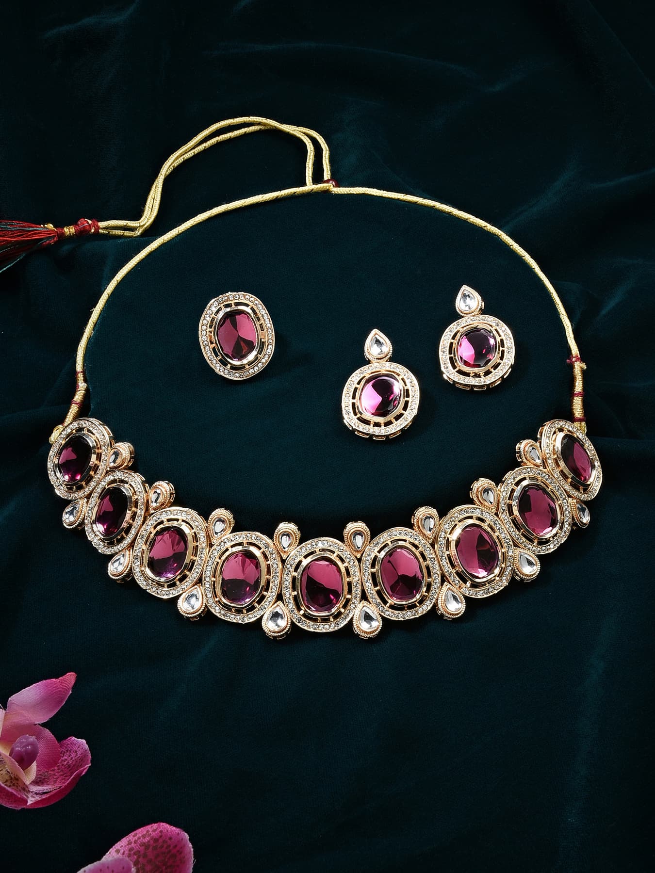 Women's Wine Color Stones Dazzling Austrian Diamonds Kundan Necklace Earring and Ring Set