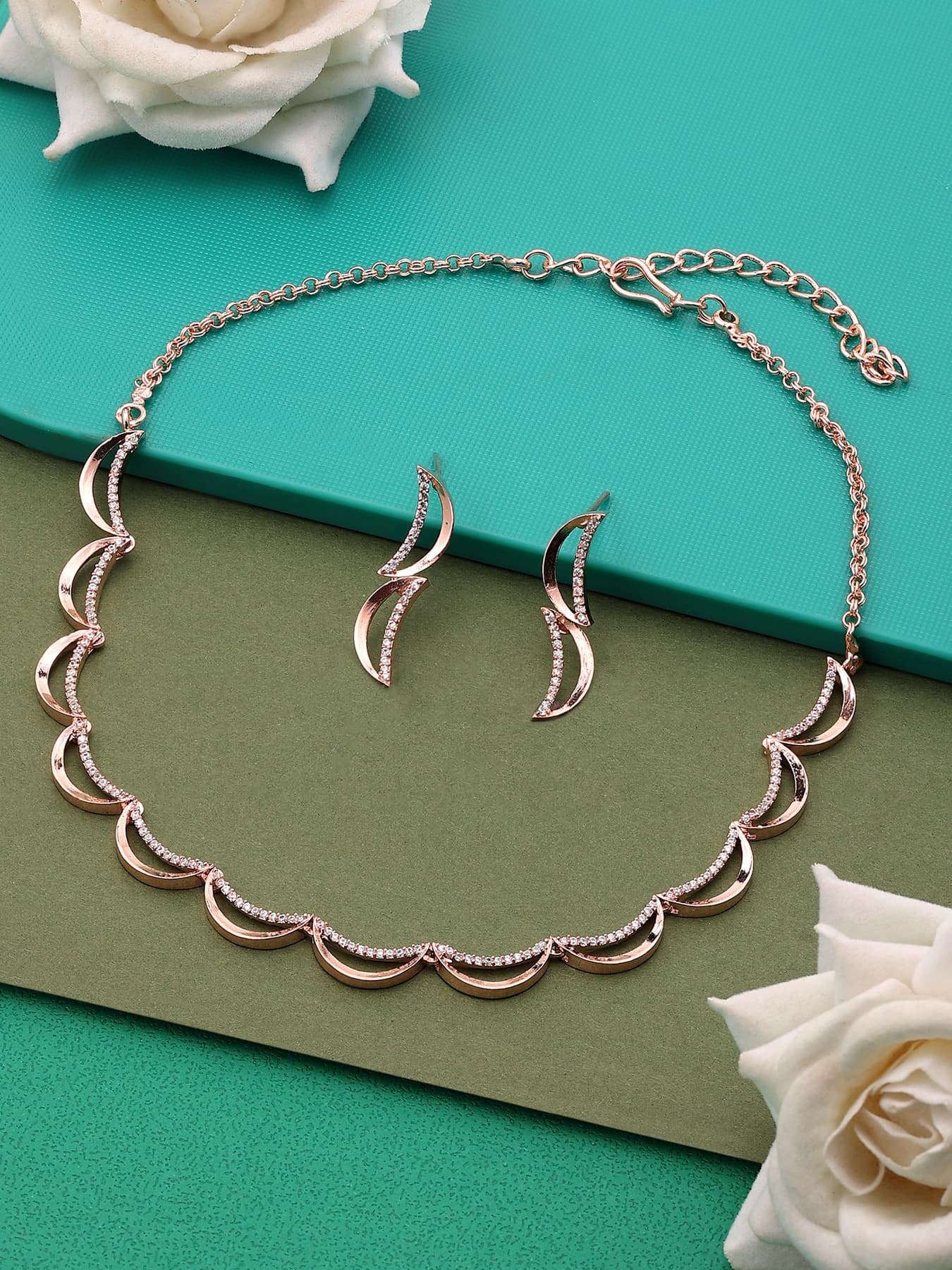 Women's Rose Gold Dazzling Cubic Zirconia Crescent Brass Necklace Earring Set