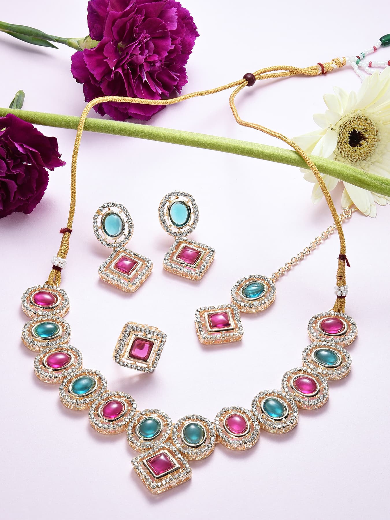 Women's Green Pink Austrian Diamond Choker Necklace Earring Maangtikka Ring Set