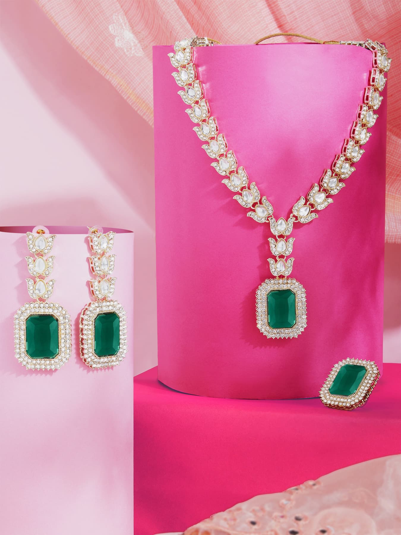 Women's Green Statement Stones Austrian Diamonds Lotus Design Necklace Earring and Ring Set