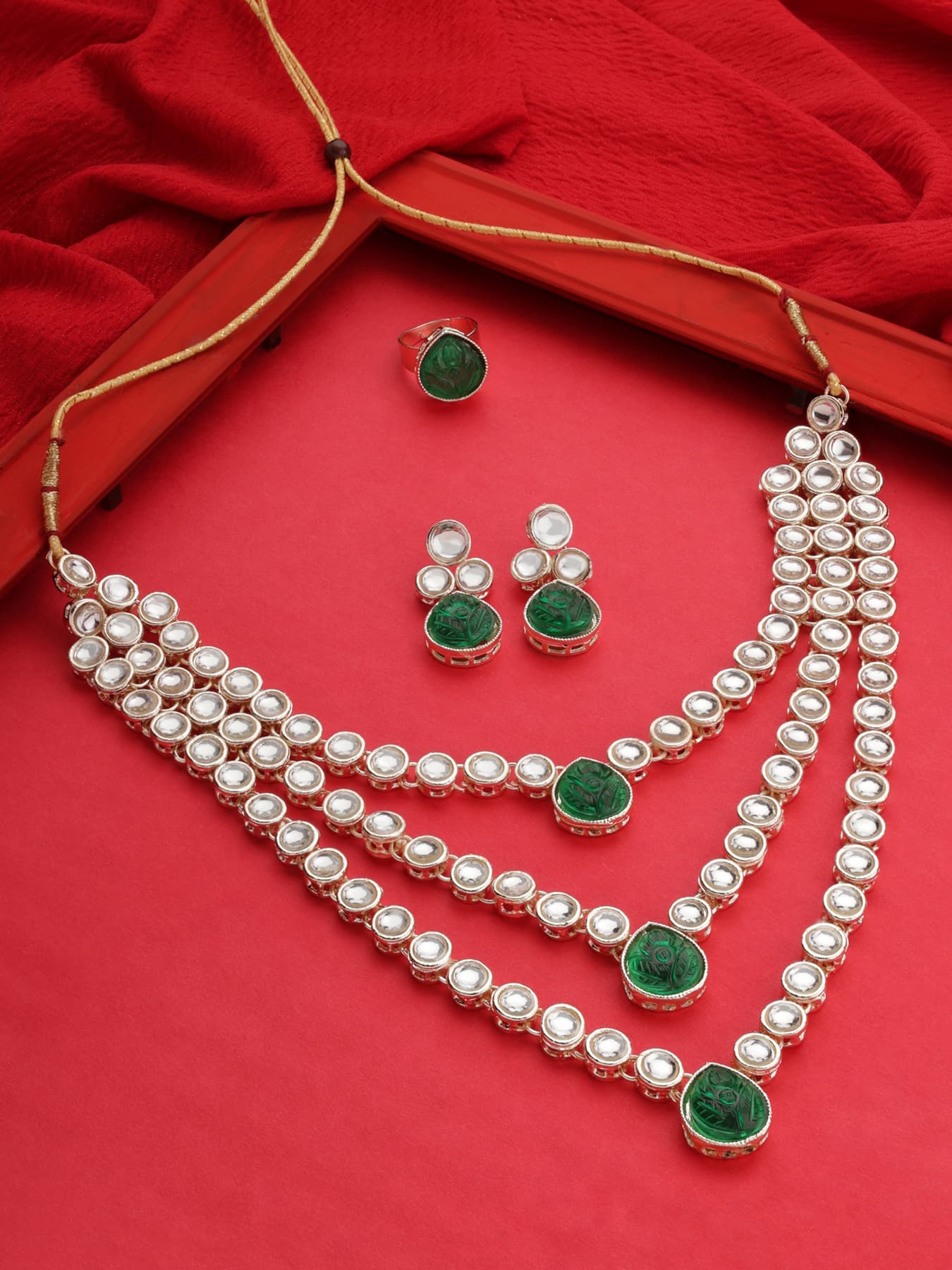 Women's Green Stones Embellished Multi Layers Kundan Bridal Necklace Earring and Ring Set