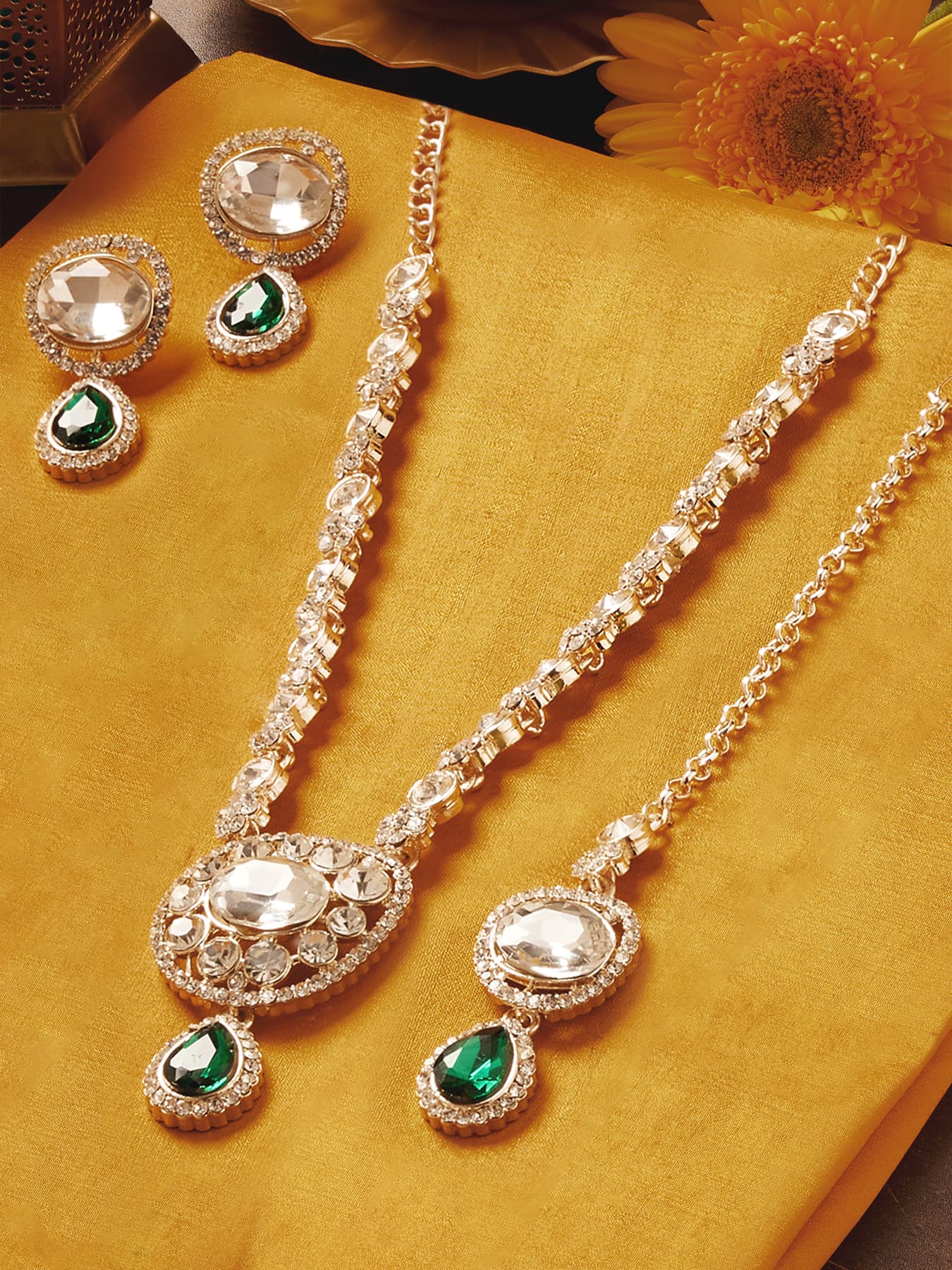 Women's Green Dazzling Stones Austrian Diamonds Necklace Earring and Maangtikka Set