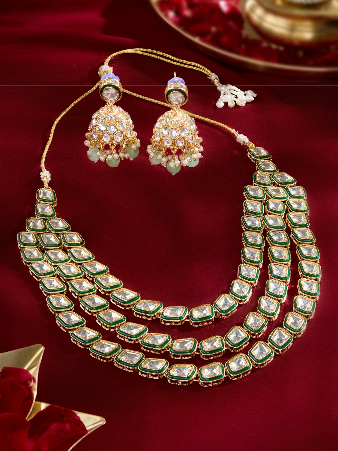 Women's Green Meenakari Dazzling Stones Multilayer Bridal Necklace and Earring Set